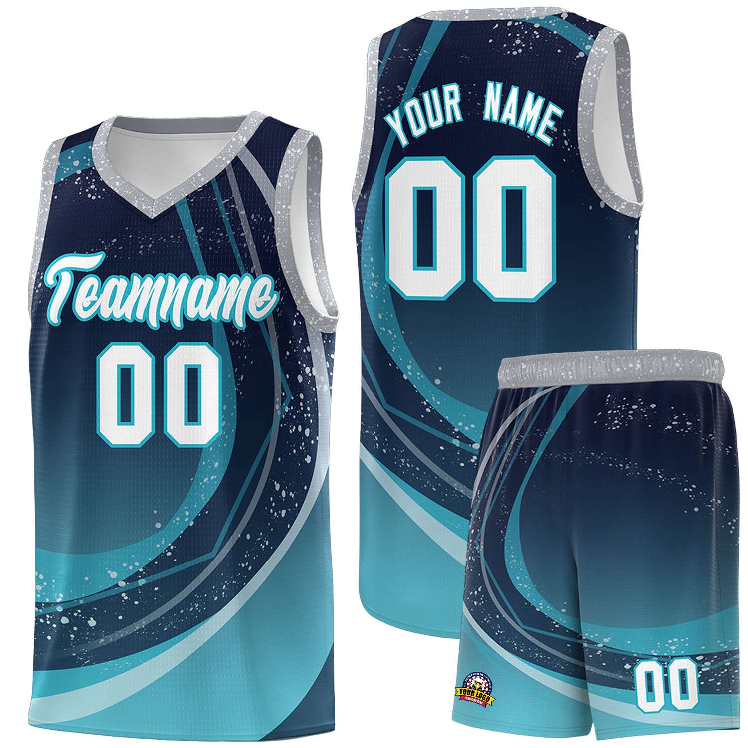 Custom Navy Aqua Personalized Galaxy Graffiti Pattern Sports Uniform Basketball Jersey