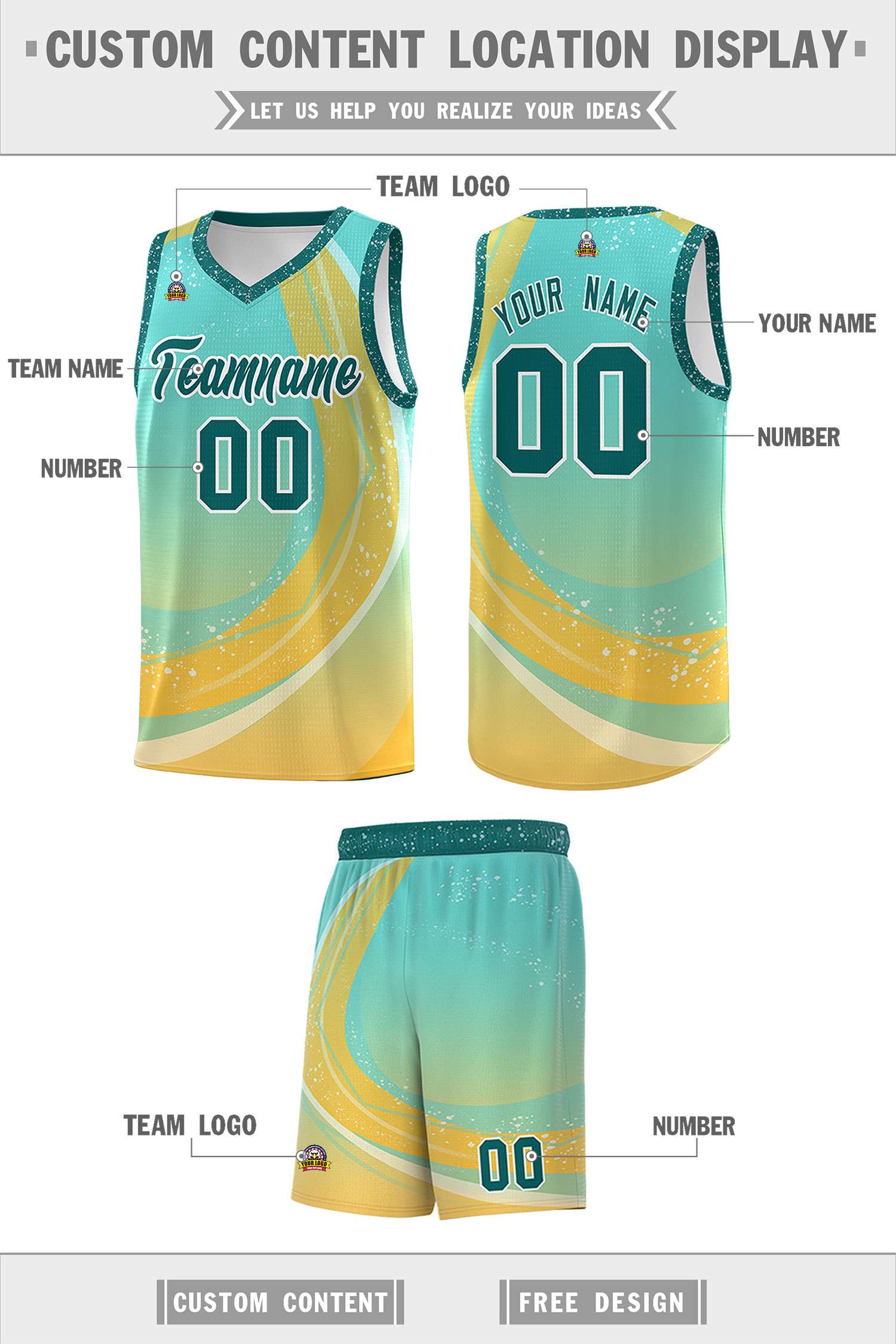 Custom Aqua Gold Personalized Galaxy Graffiti Pattern Sports Uniform Basketball Jersey