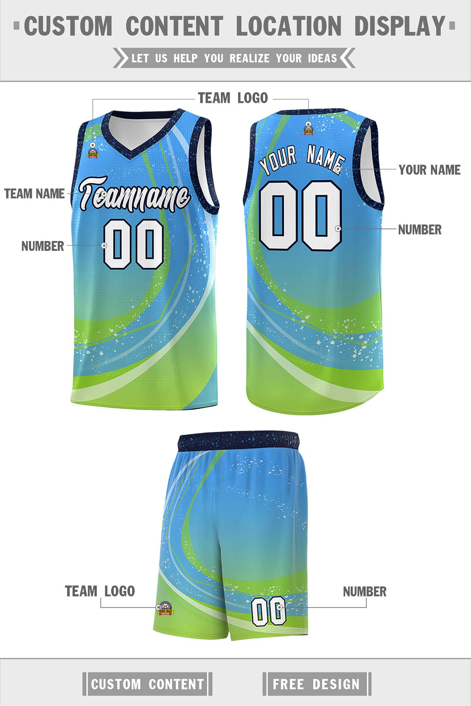 Custom Powder Blue Neon Green Personalized Galaxy Graffiti Pattern Sports Uniform Basketball Jersey