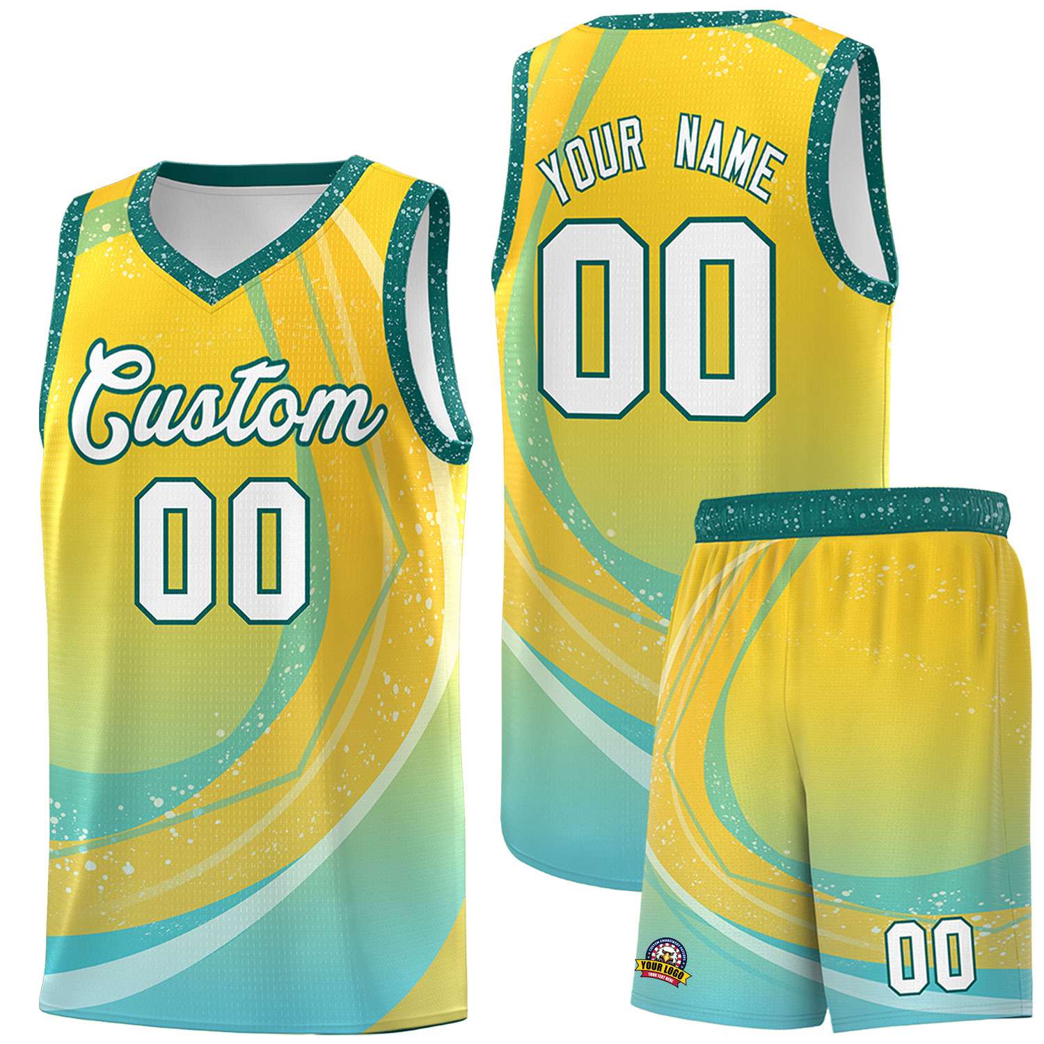 Custom Gold Aqua Personalized Galaxy Graffiti Pattern Sports Uniform Basketball Jersey