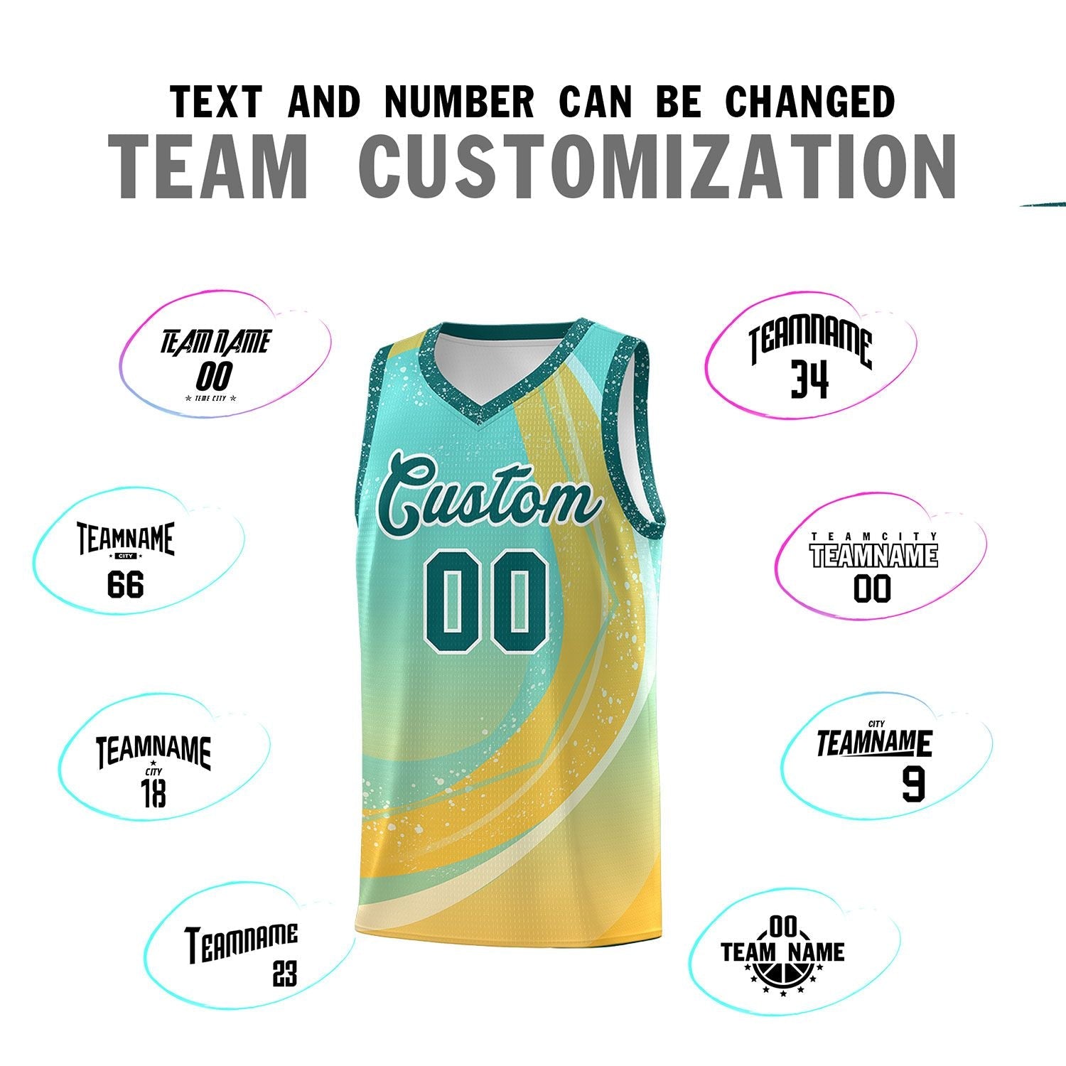 Custom Aqua Gold Personalized Galaxy Graffiti Pattern Sports Uniform Basketball Jersey