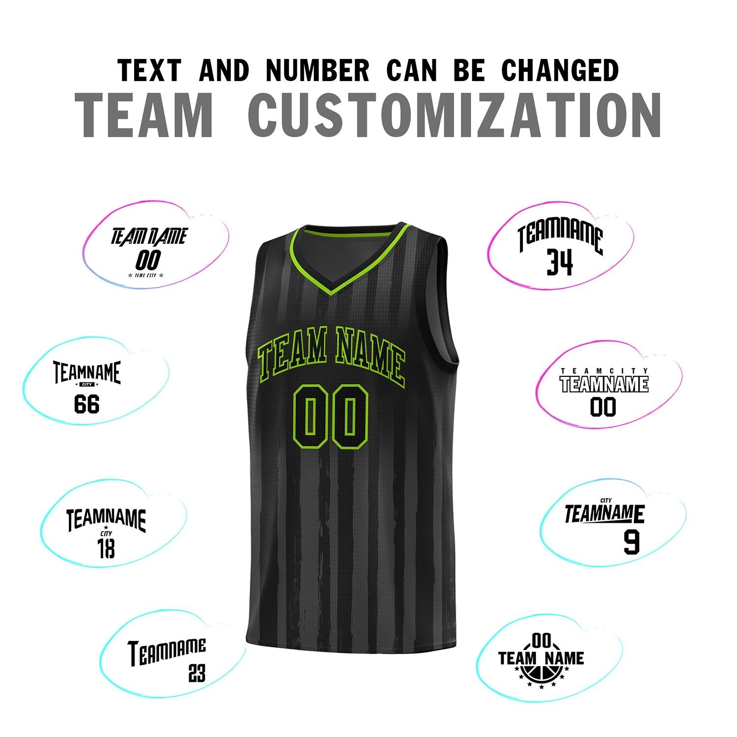 Custom Black Neon Green Vertical Striped Pattern Sports Uniform Basketball Jersey