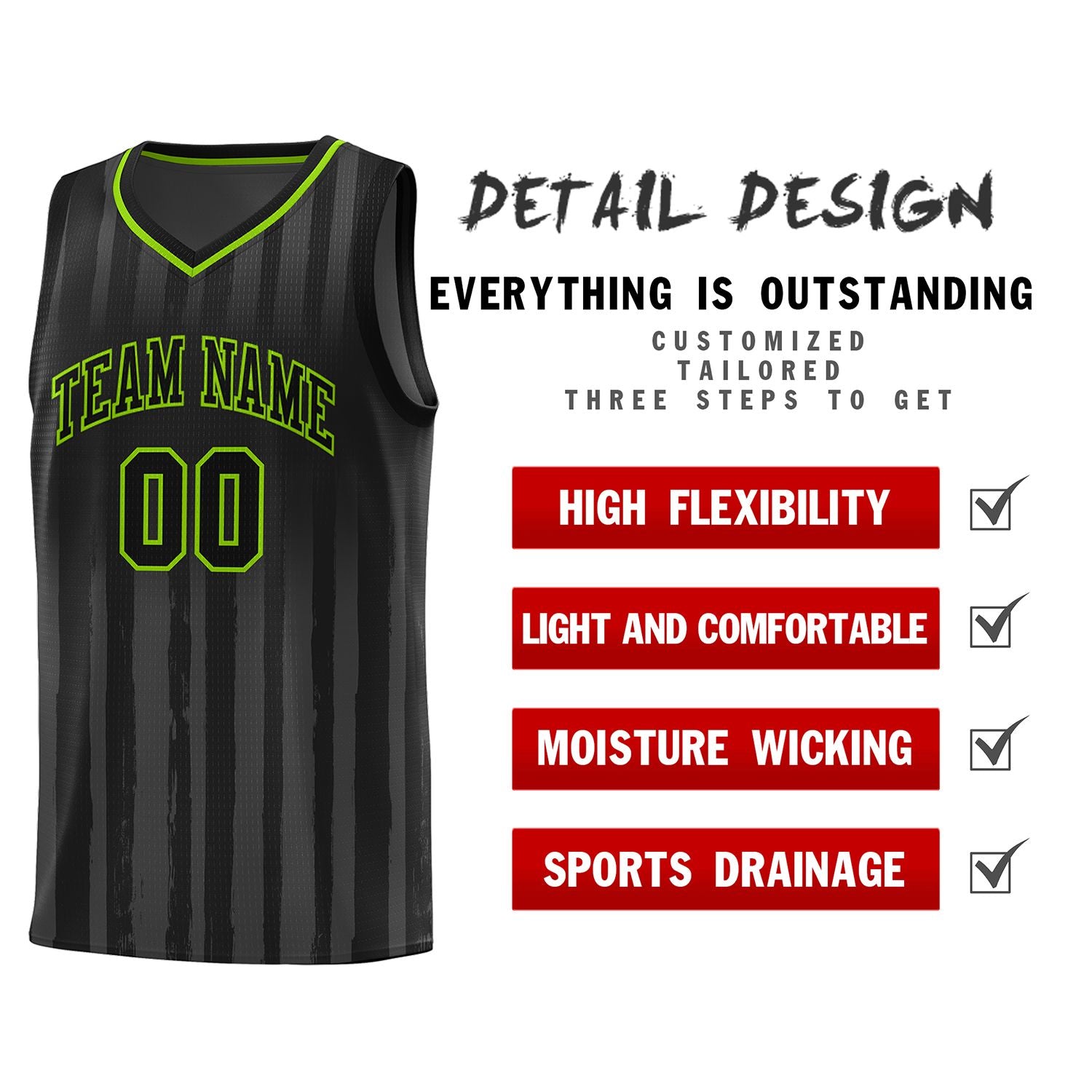 Custom Black Neon Green Vertical Striped Pattern Sports Uniform Basketball Jersey