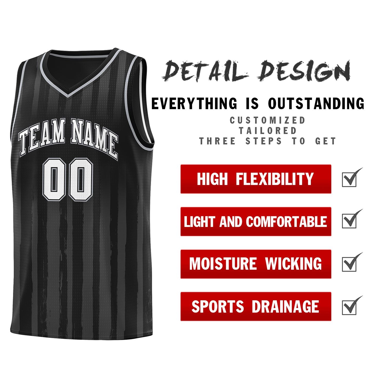 Custom Black White Vertical Striped Pattern Sports Uniform Basketball Jersey