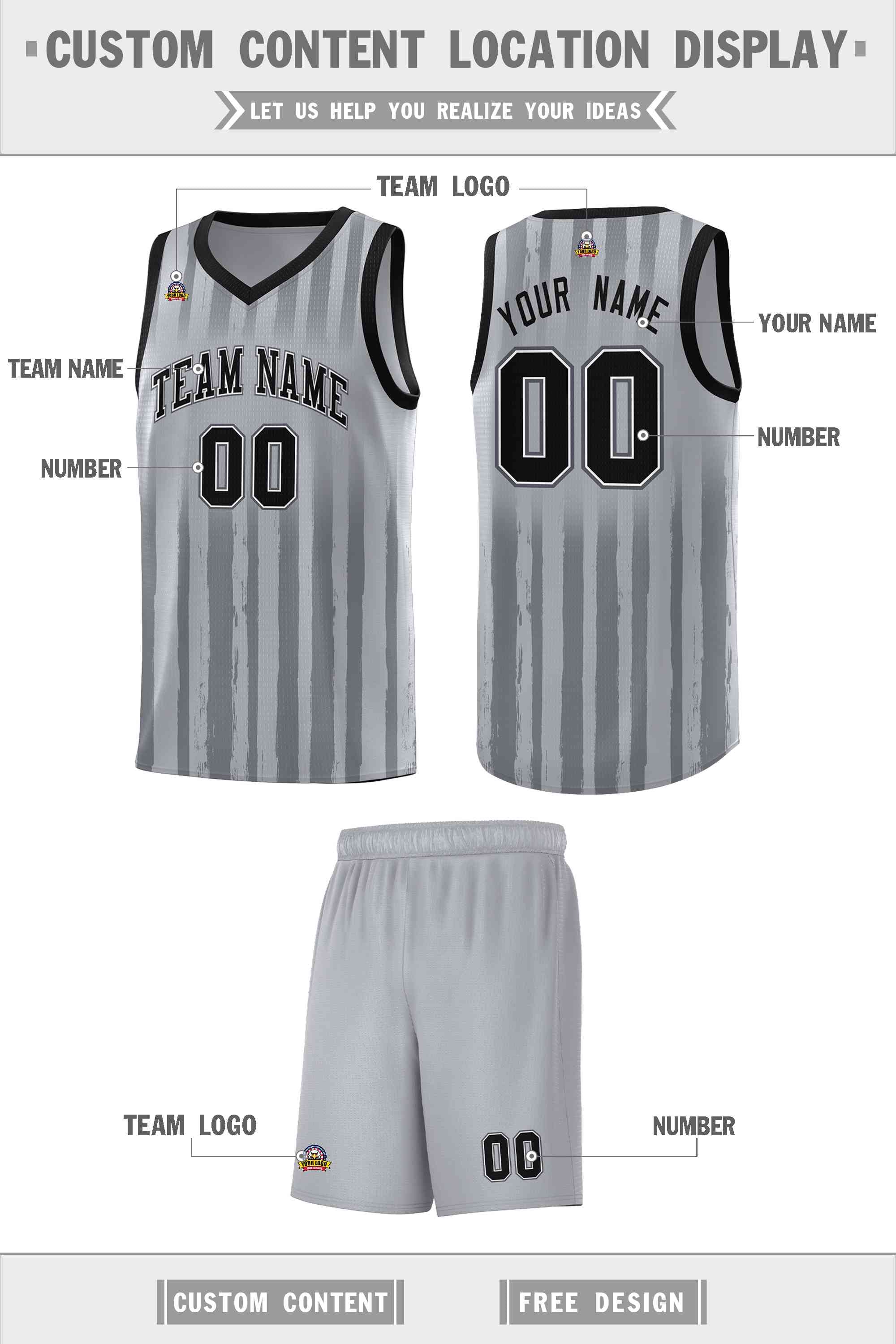 Custom Gray Black Vertical Striped Pattern Sports Uniform Basketball Jersey