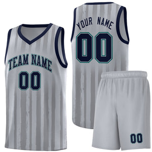 Custom Gray Navy Vertical Striped Pattern Sports Uniform Basketball Jersey