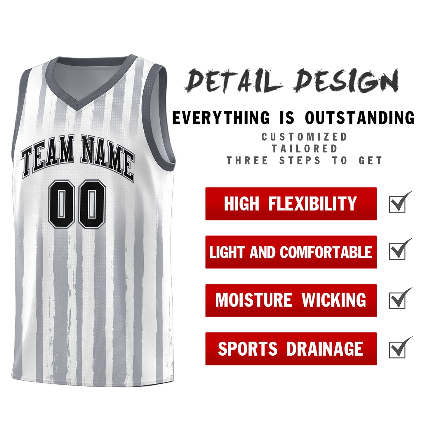 Custom White Black Vertical Striped Pattern Sports Uniform Basketball Jersey