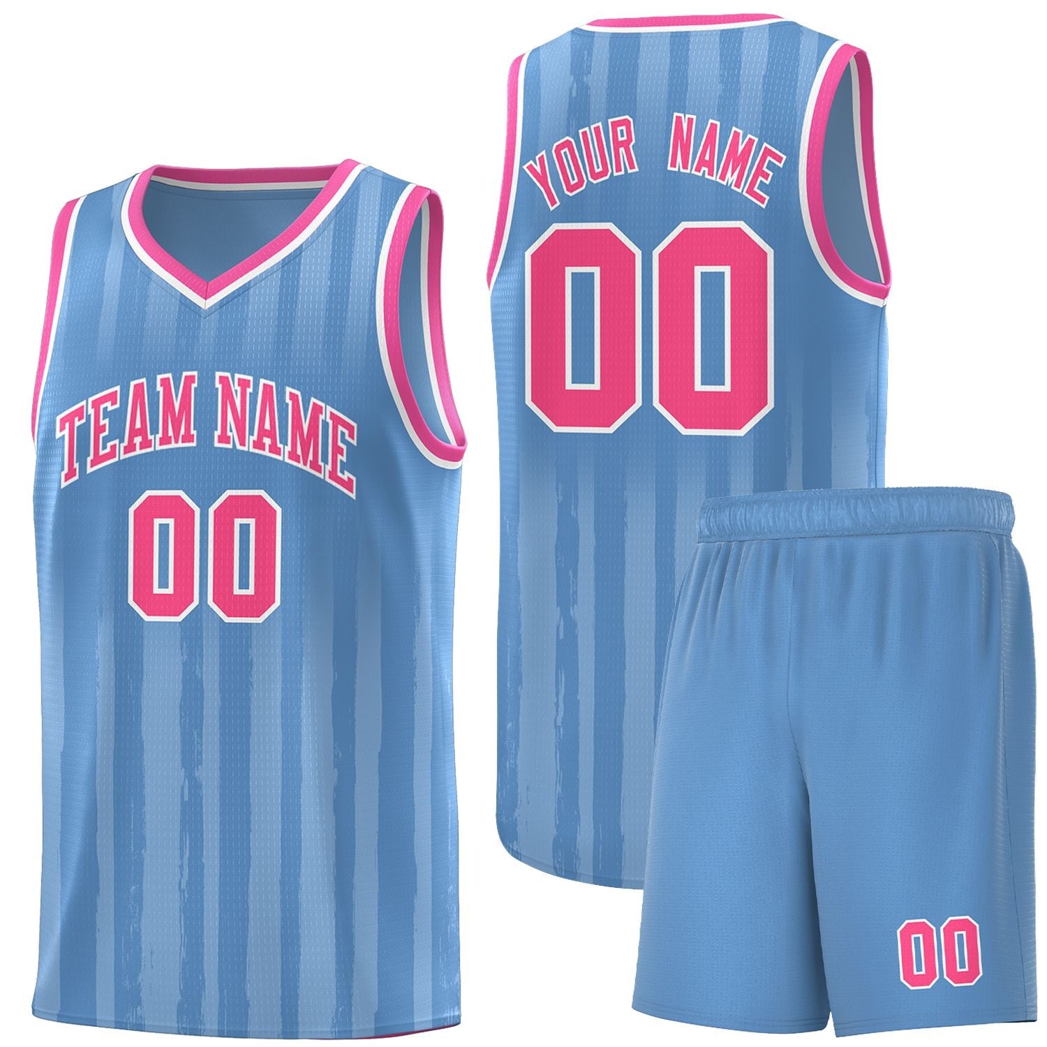 Custom Light Blue Pink Vertical Striped Pattern Sports Uniform Basketball Jersey