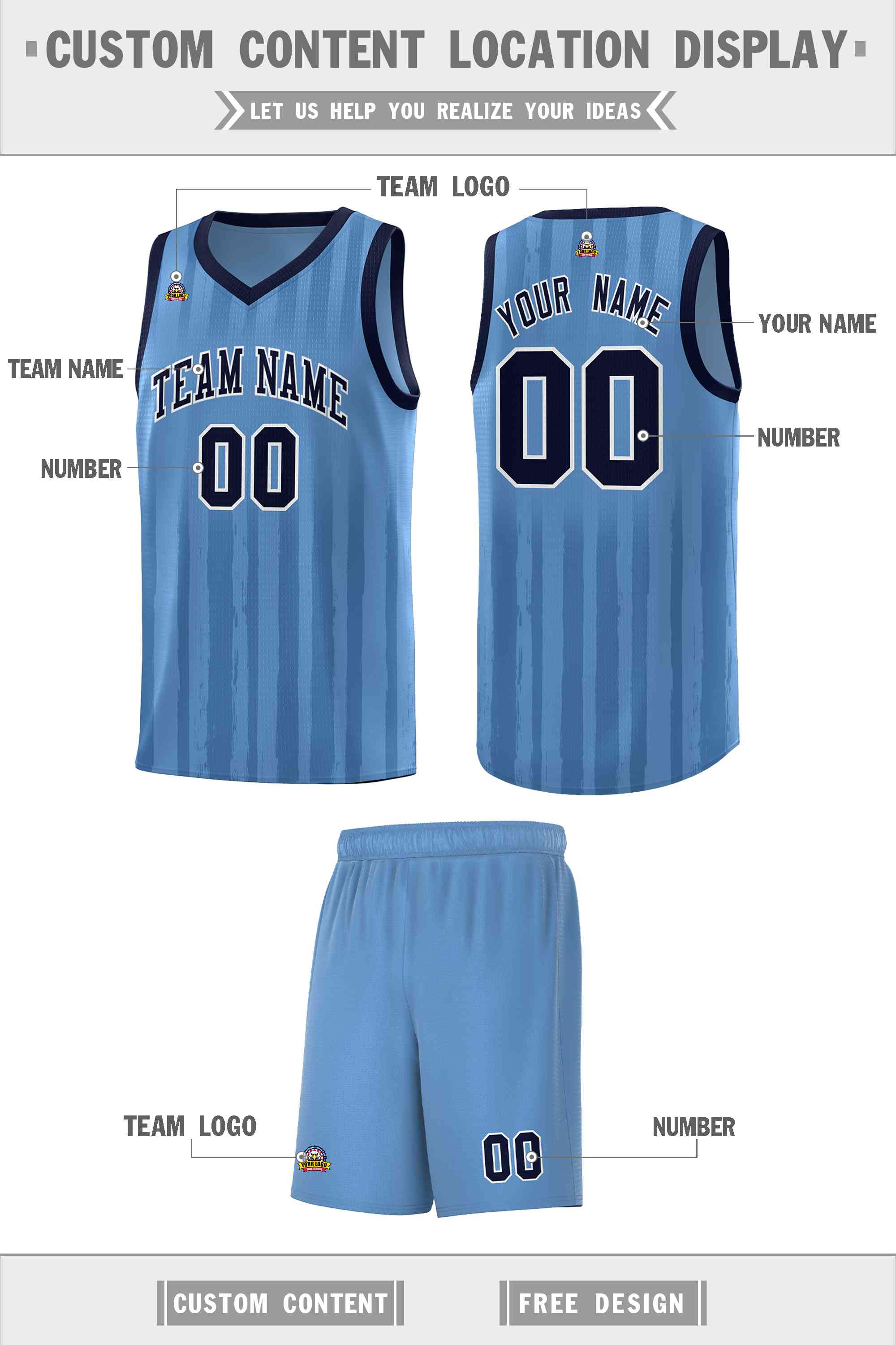 Custom Light Blue Navy Vertical Striped Pattern Sports Uniform Basketball Jersey