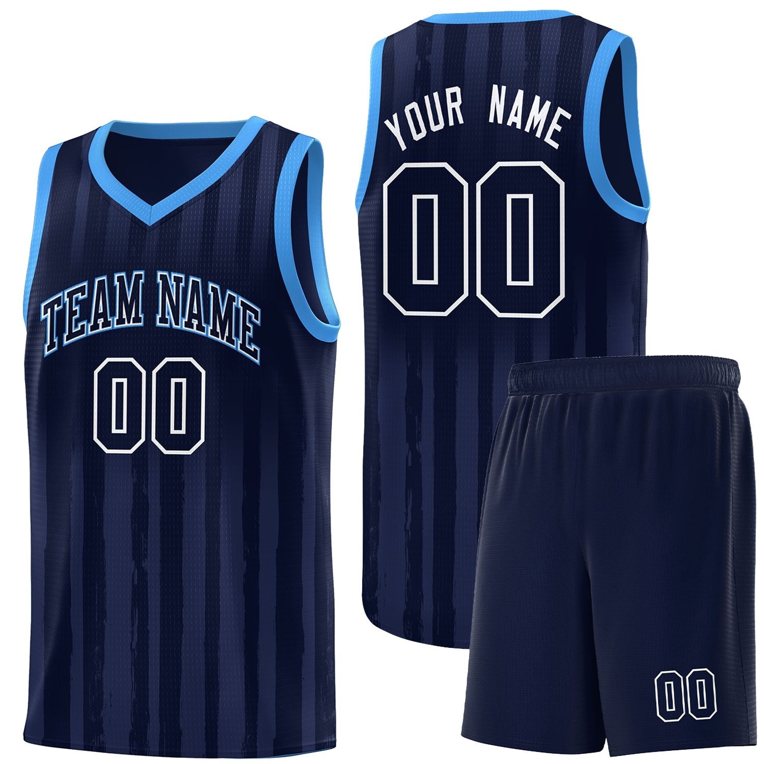 Custom Navy Powder Blue Vertical Striped Pattern Sports Uniform Basketball Jersey