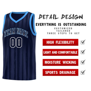 Custom Navy Powder Blue Vertical Striped Pattern Sports Uniform Basketball Jersey