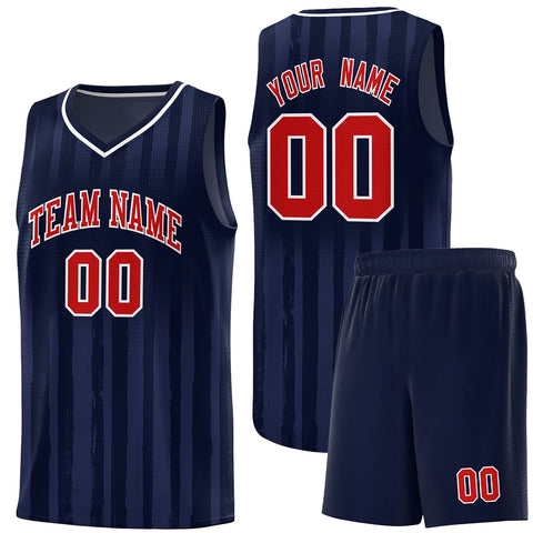 Custom Navy Red Vertical Striped Pattern Sports Uniform Basketball Jersey