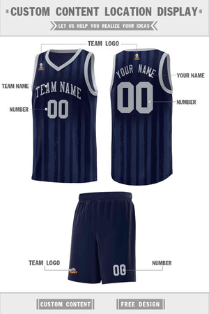 Custom Navy Gray Vertical Striped Pattern Sports Uniform Basketball Jersey