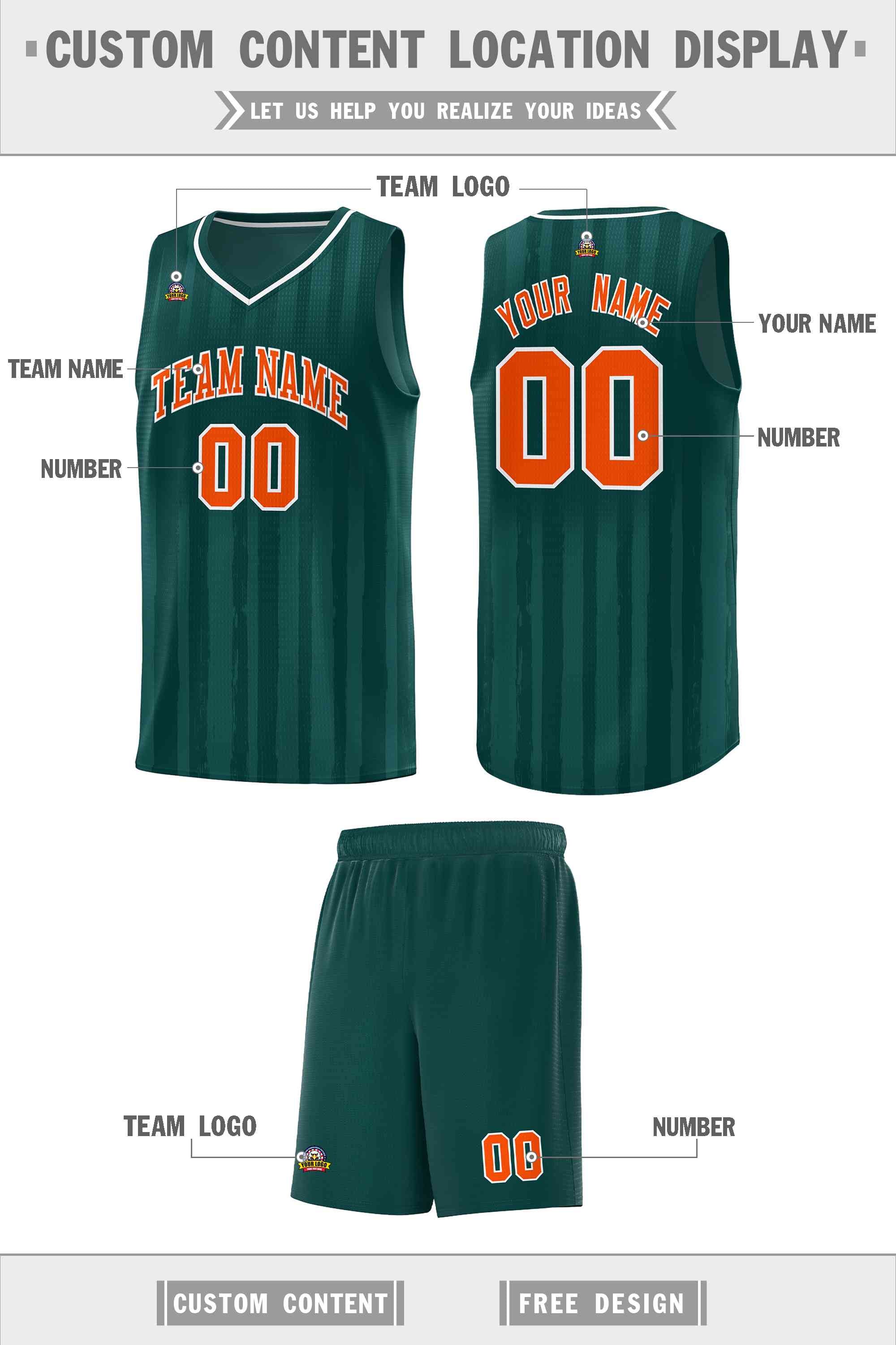 Custom Midnight Green Orange Vertical Striped Pattern Sports Uniform Basketball Jersey