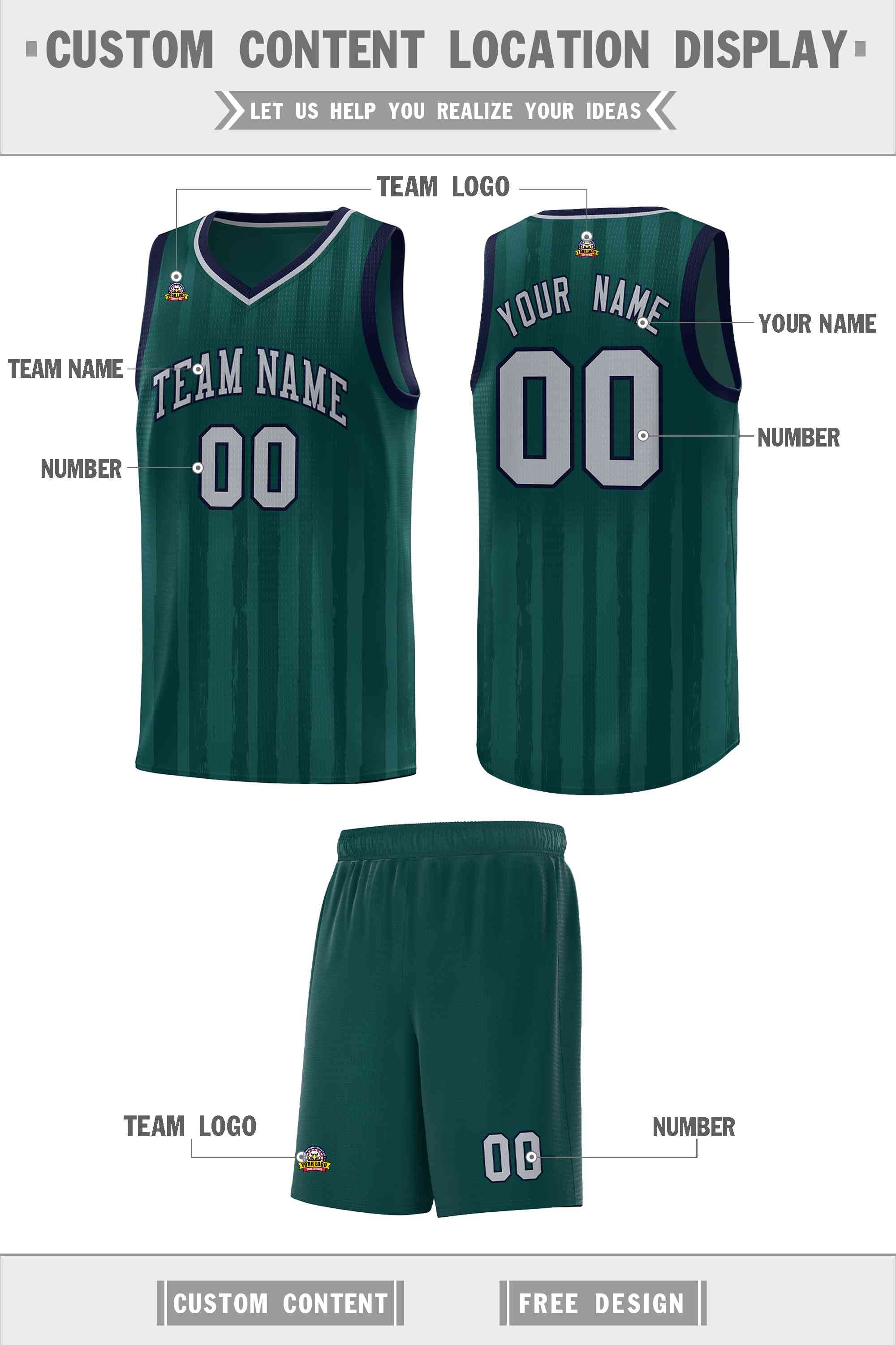 Custom Midnight Green Gray Vertical Striped Pattern Sports Uniform Basketball Jersey