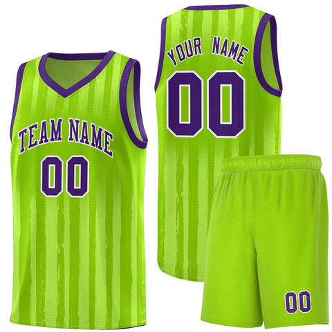 Custom Neon Green Purple Vertical Striped Pattern Sports Uniform Basketball Jersey