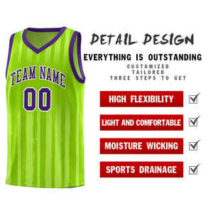 Custom Neon Green Purple Vertical Striped Pattern Sports Uniform Basketball Jersey