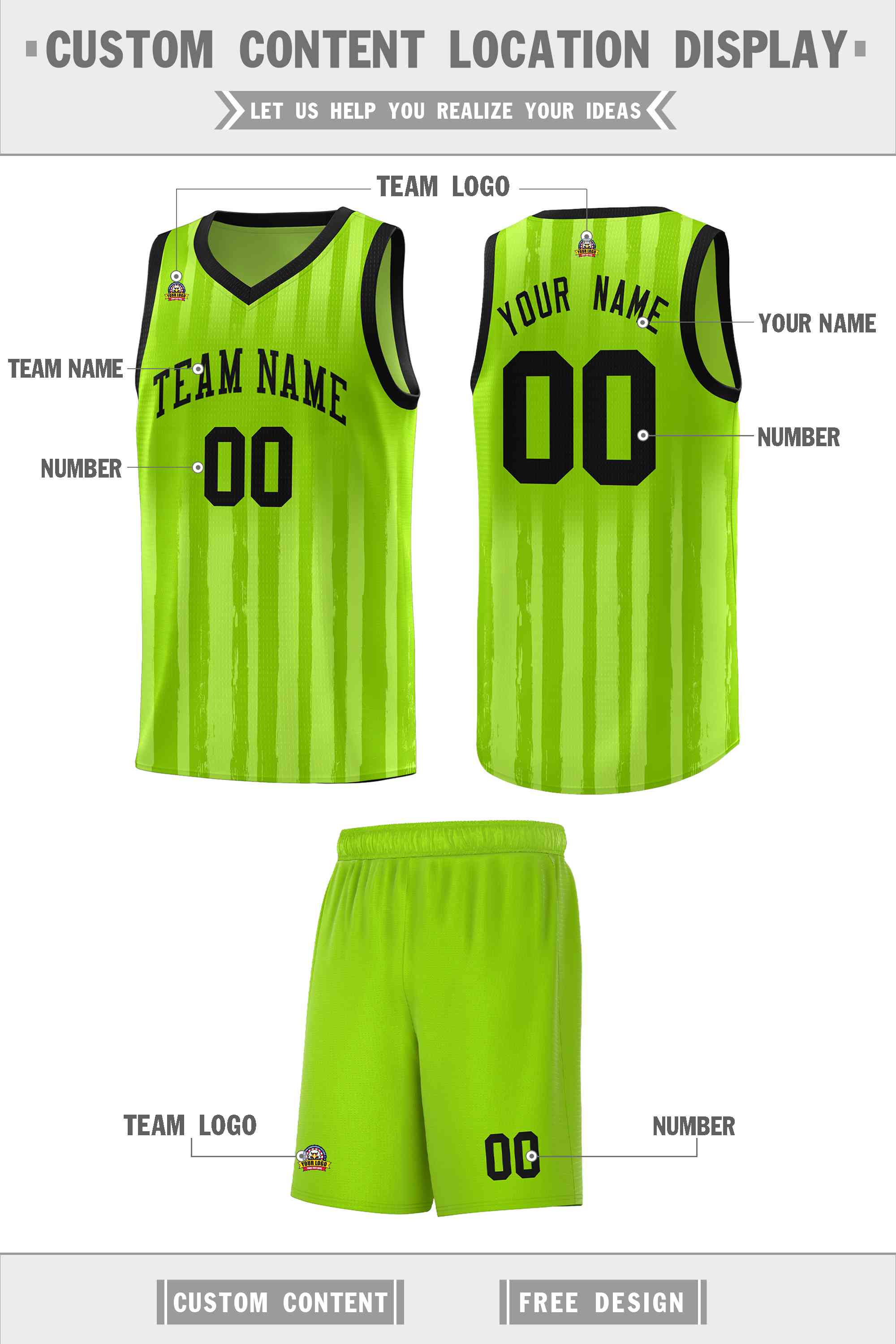 Custom Neon Green Black Vertical Striped Pattern Sports Uniform Basketball Jersey