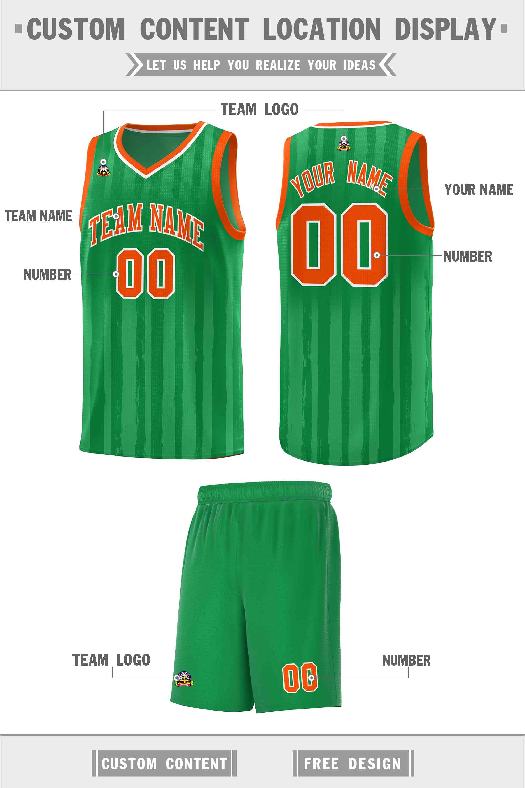 Custom Kelly Green Orange Vertical Striped Pattern Sports Uniform Basketball Jersey