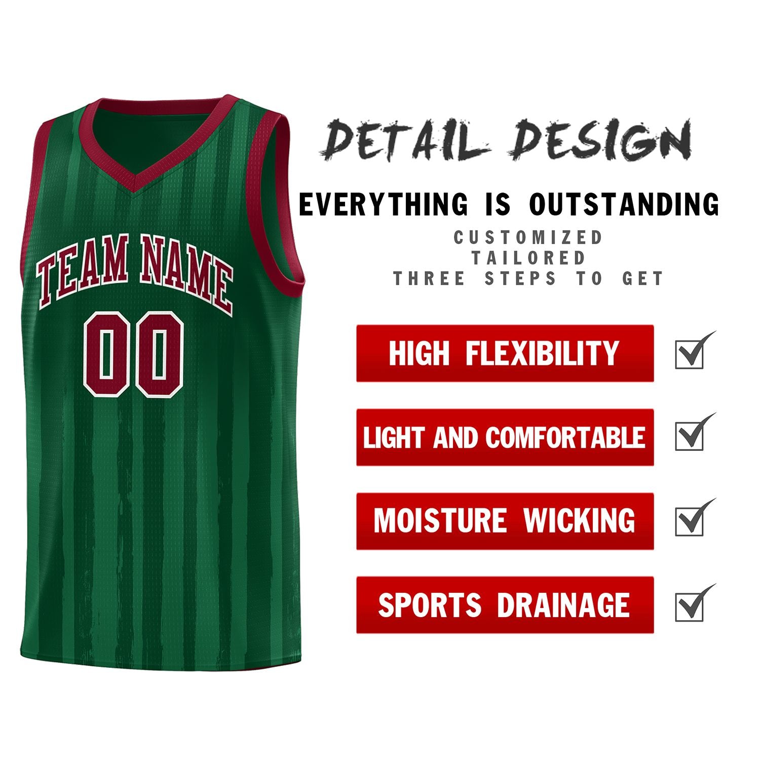 Custom Green Crimson Vertical Striped Pattern Sports Uniform Basketball Jersey