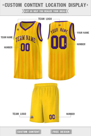 Custom Gold Purple Vertical Striped Pattern Sports Uniform Basketball Jersey