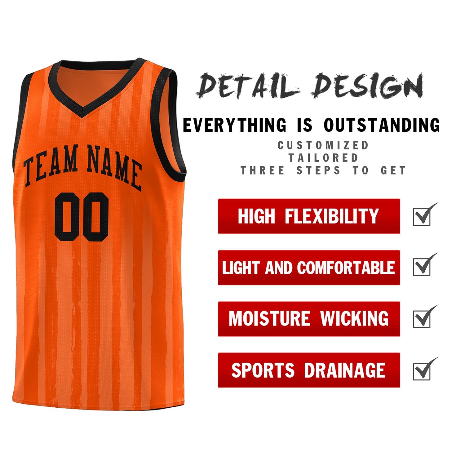 Custom Orange Black Vertical Striped Pattern Sports Uniform Basketball Jersey