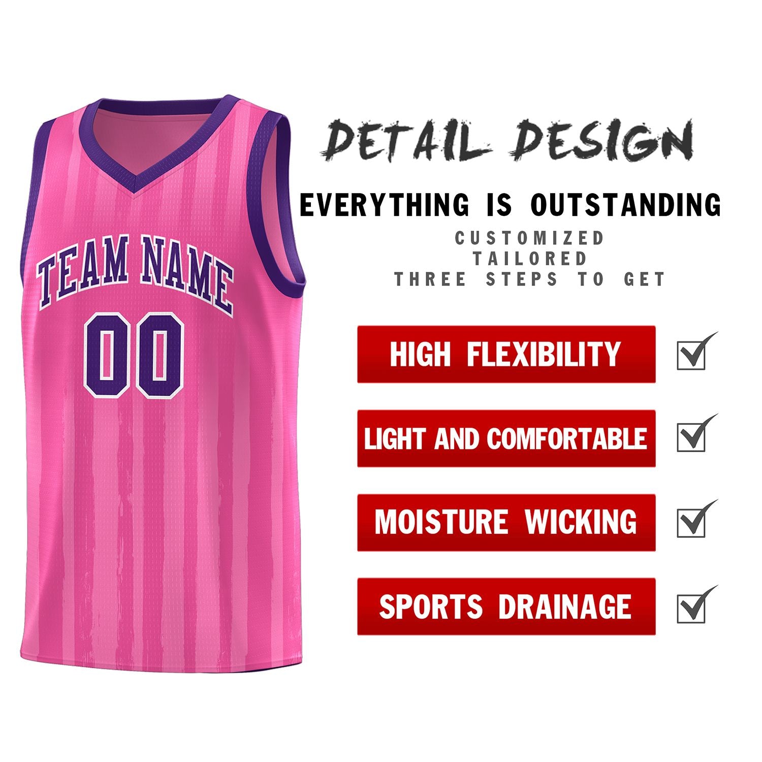 Custom Pink Purple Vertical Striped Pattern Sports Uniform Basketball Jersey