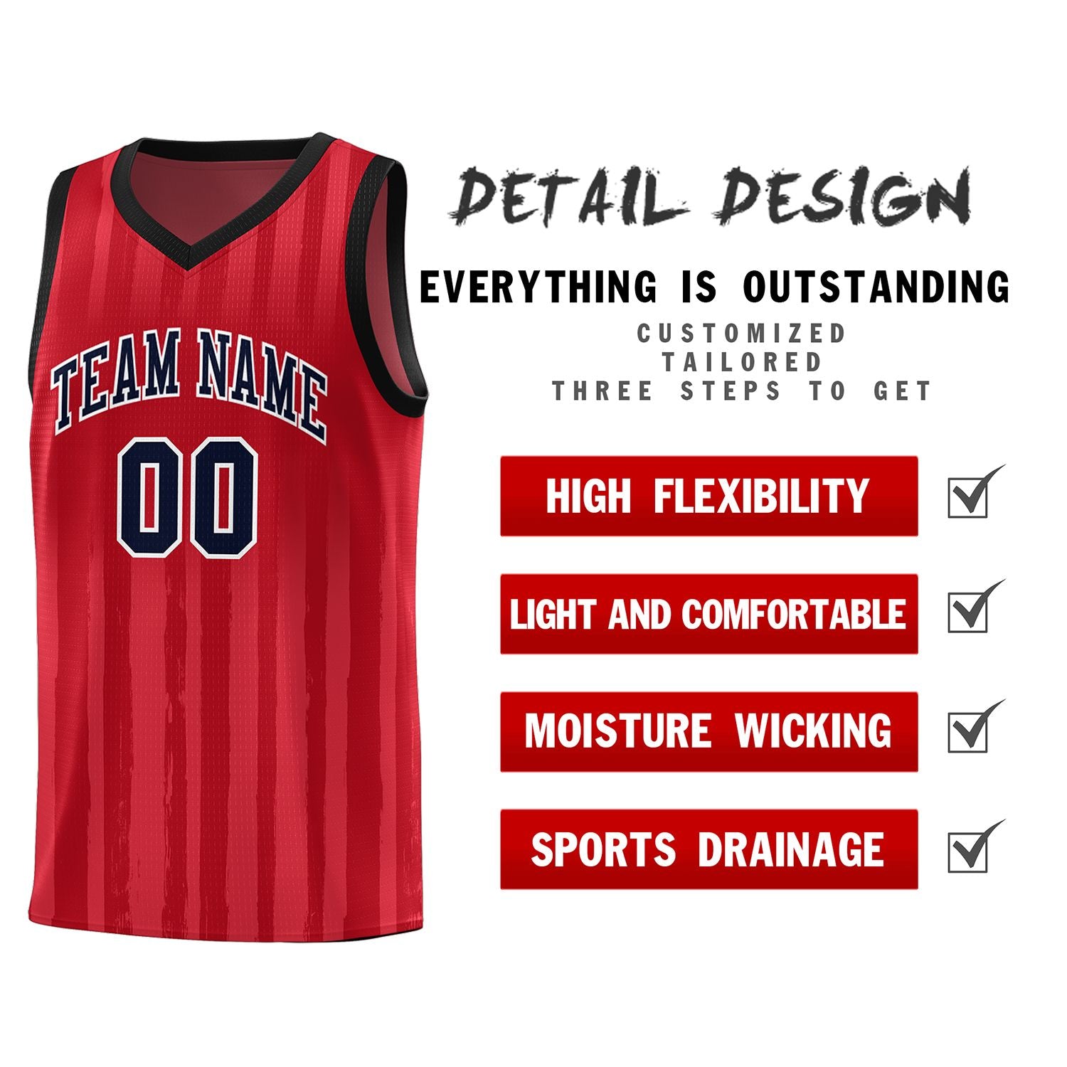 Custom Red Black Vertical Striped Pattern Sports Uniform Basketball Jersey