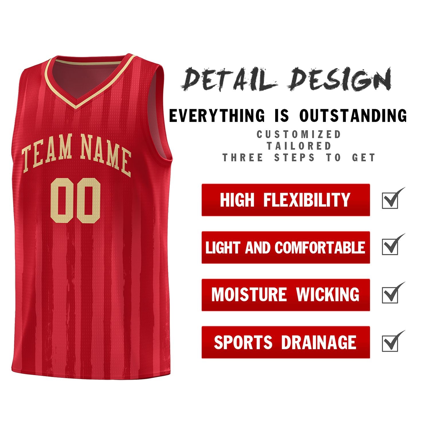 Custom Red Khaki Vertical Striped Pattern Sports Uniform Basketball Jersey