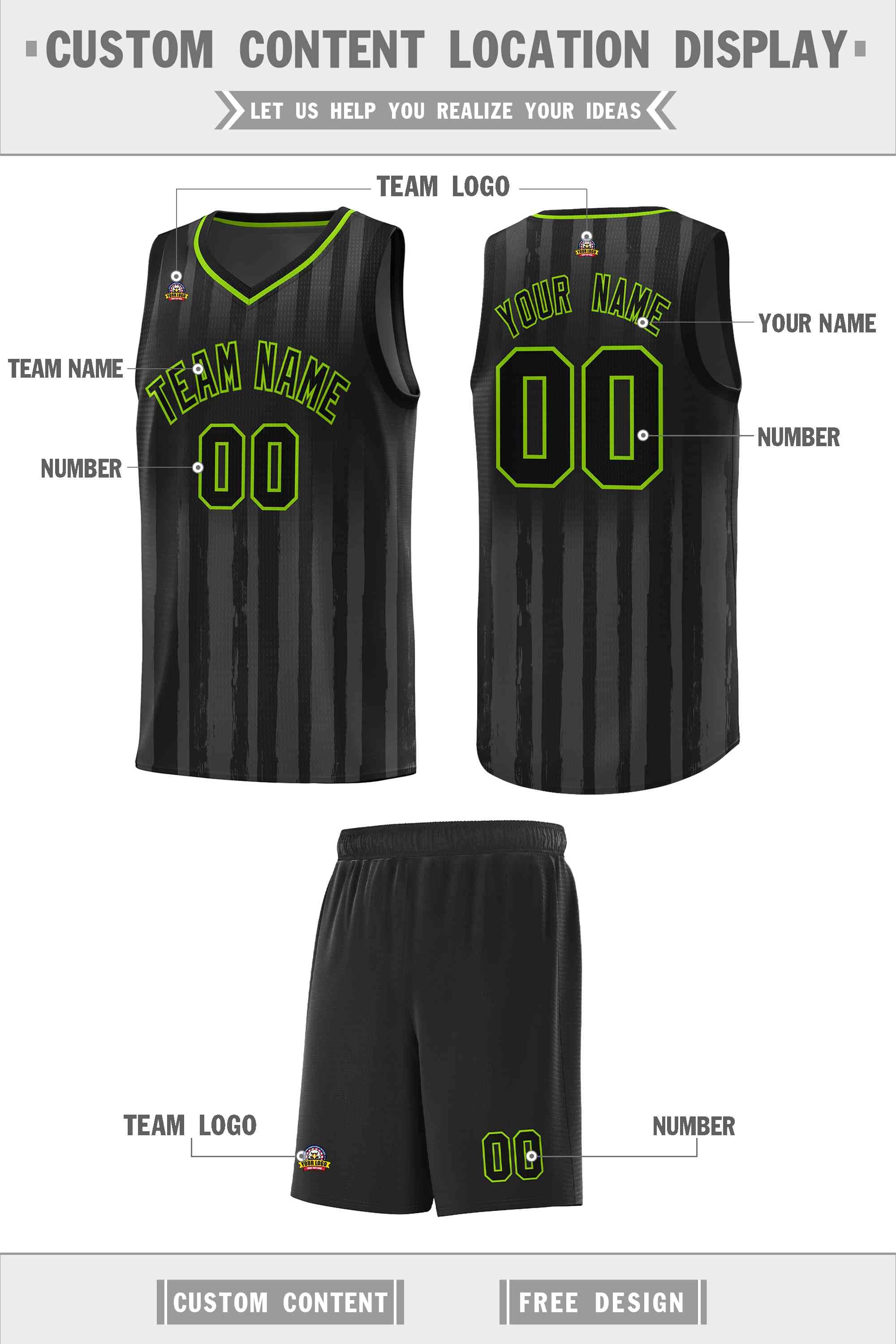 Custom Black Neon Green Vertical Striped Pattern Sports Uniform Basketball Jersey