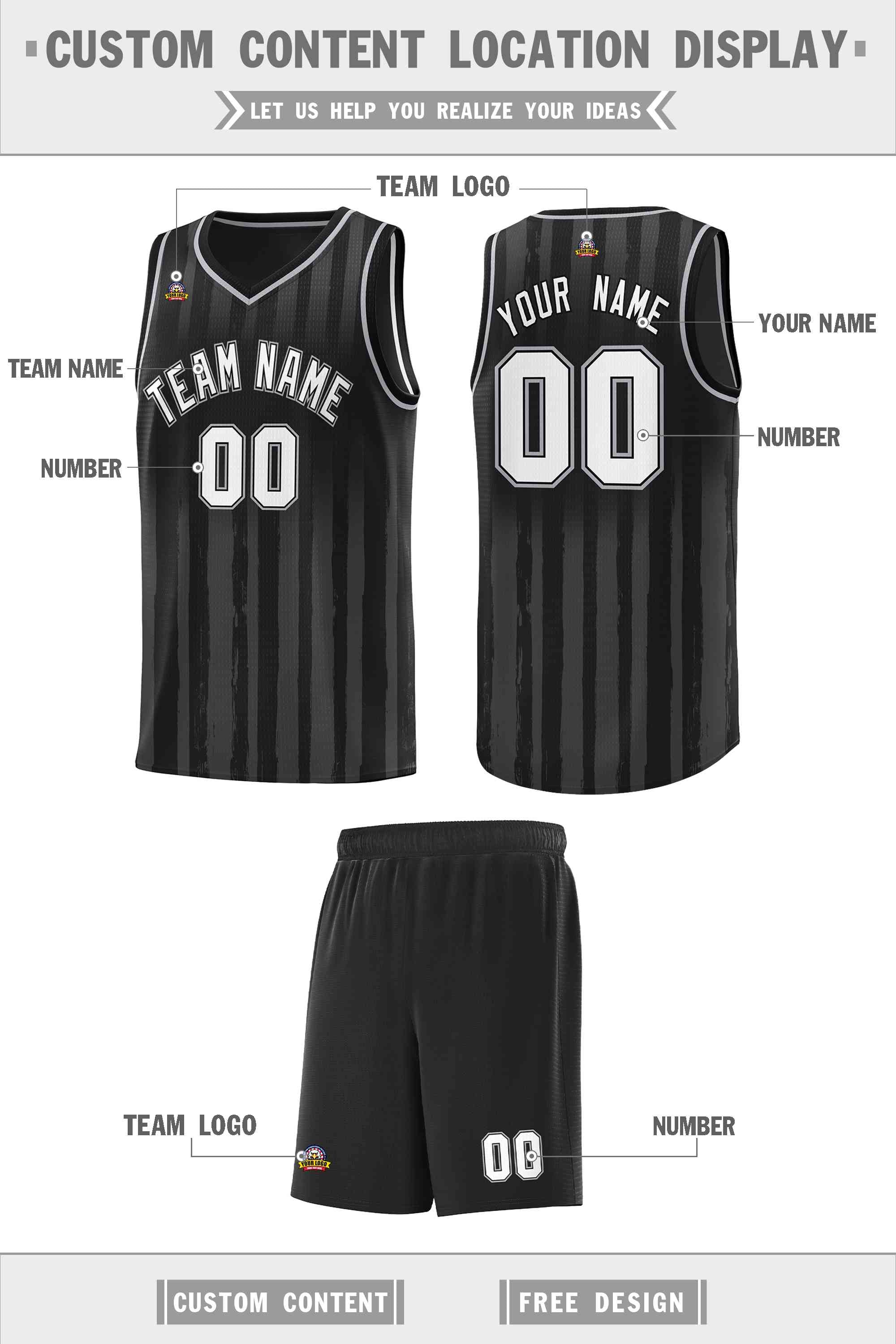 Custom Black White Vertical Striped Pattern Sports Uniform Basketball Jersey