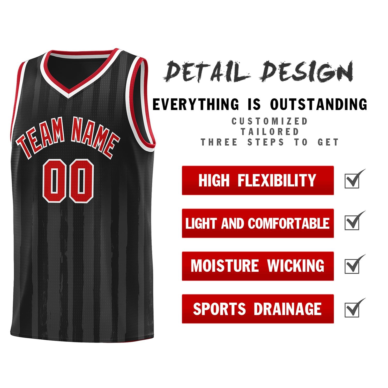 Custom Black Red Vertical Striped Pattern Sports Uniform Basketball Jersey