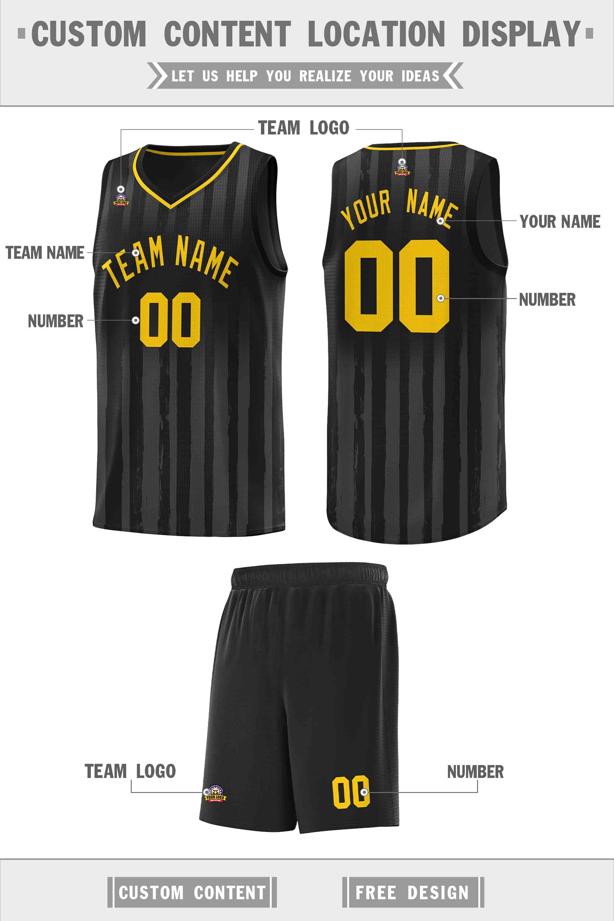 Custom Black Gold Vertical Striped Pattern Sports Uniform Basketball Jersey