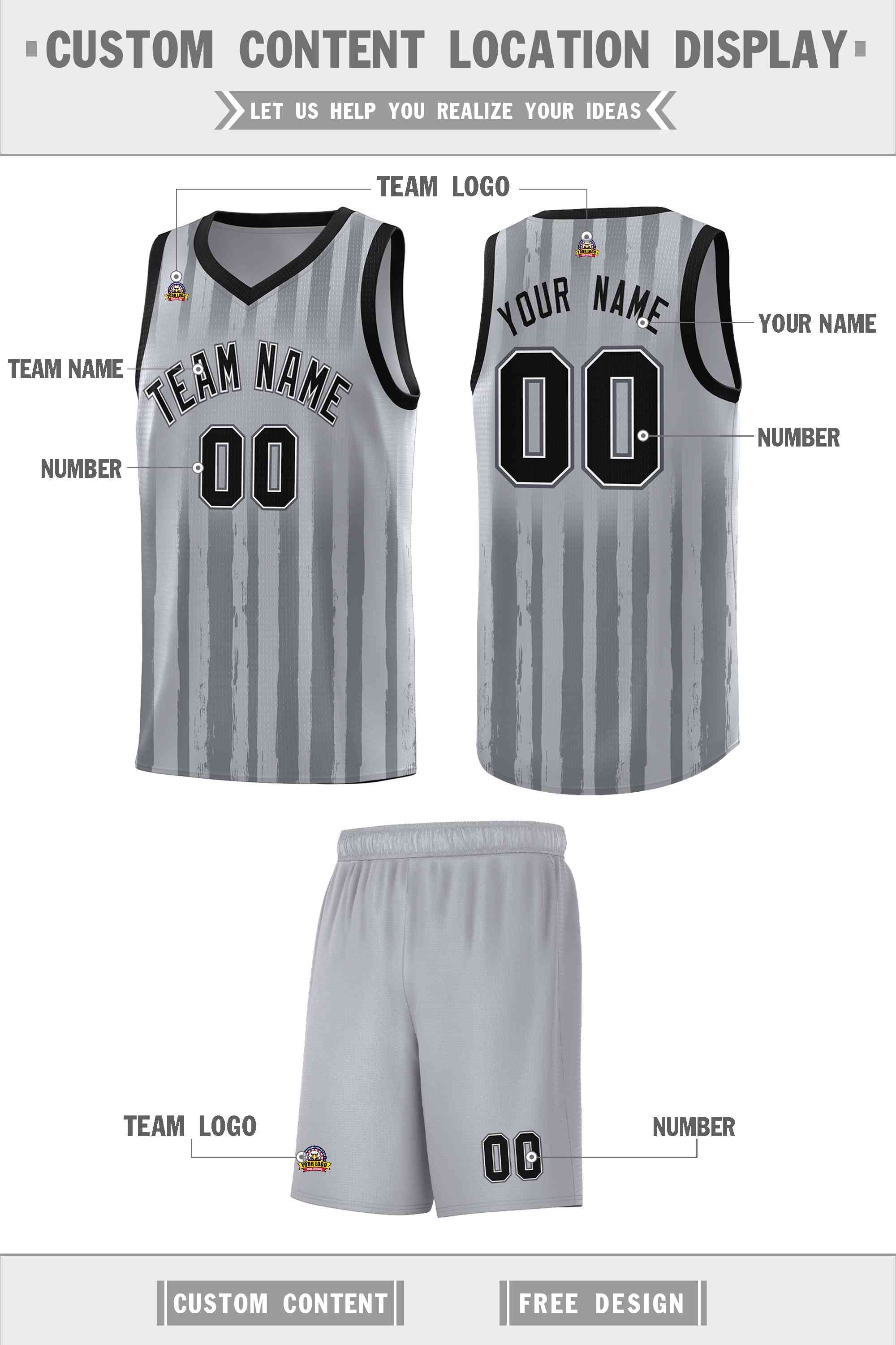 Custom Gray Black Vertical Striped Pattern Sports Uniform Basketball Jersey