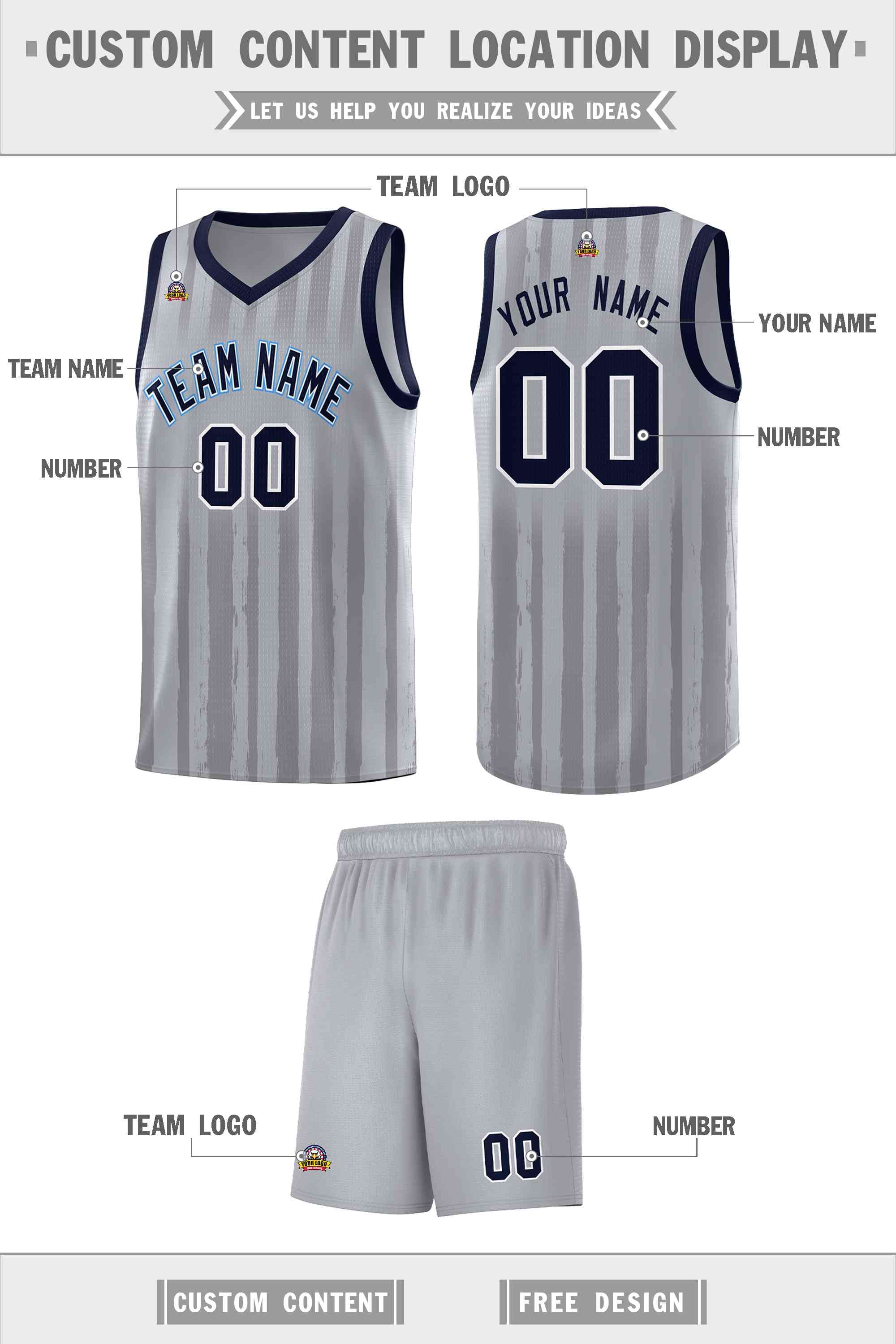 Custom Gray Navy Vertical Striped Pattern Sports Uniform Basketball Jersey