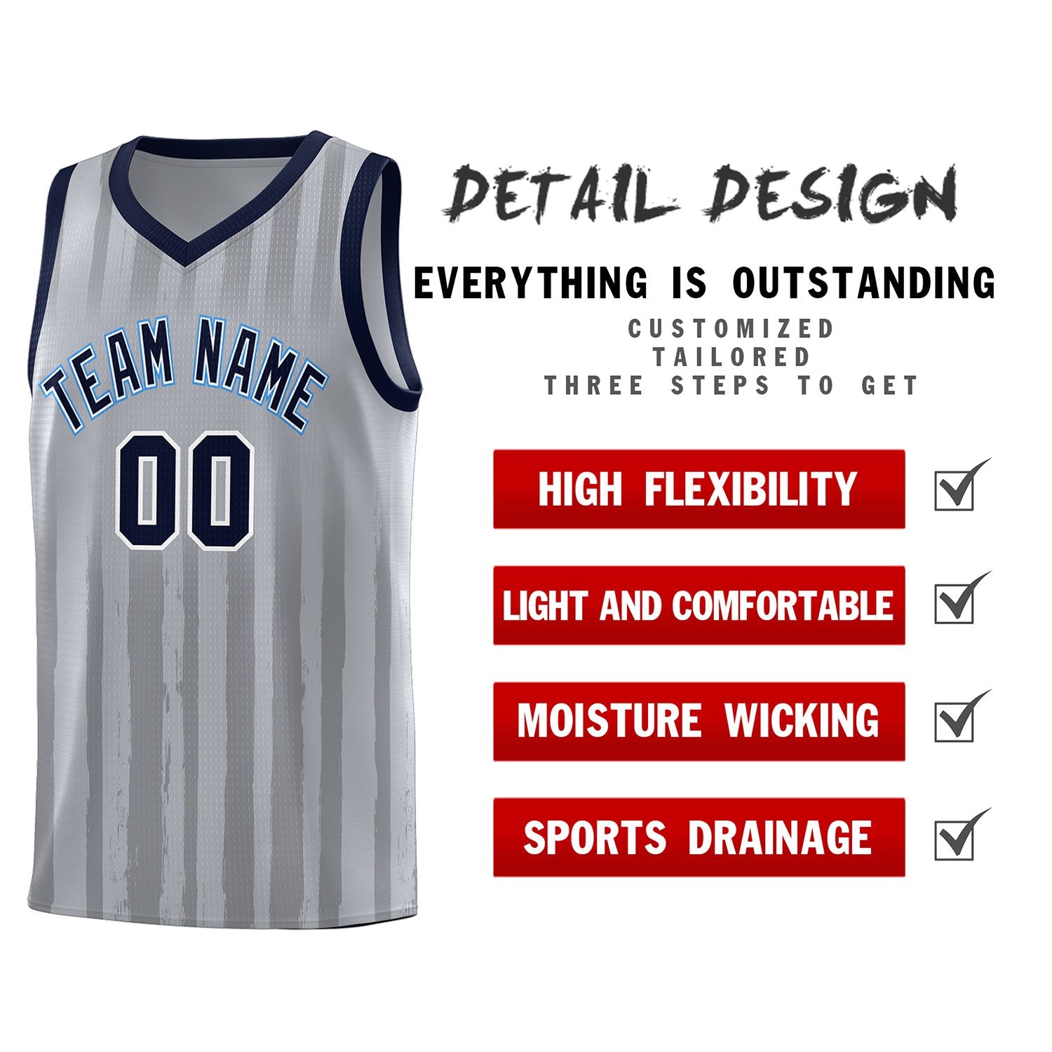 Custom Gray Navy Vertical Striped Pattern Sports Uniform Basketball Jersey