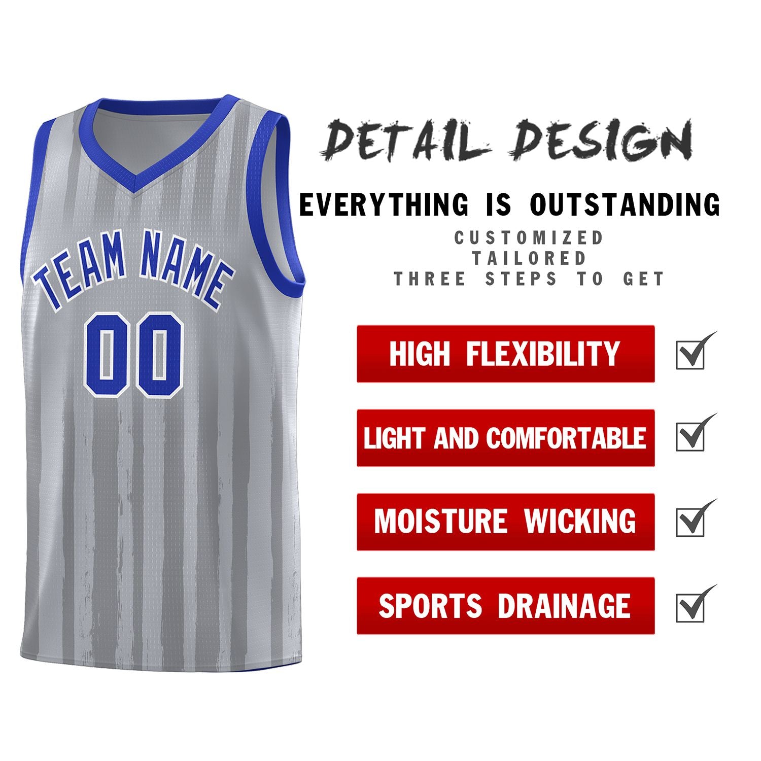 Custom Gray Royal Vertical Striped Pattern Sports Uniform Basketball Jersey