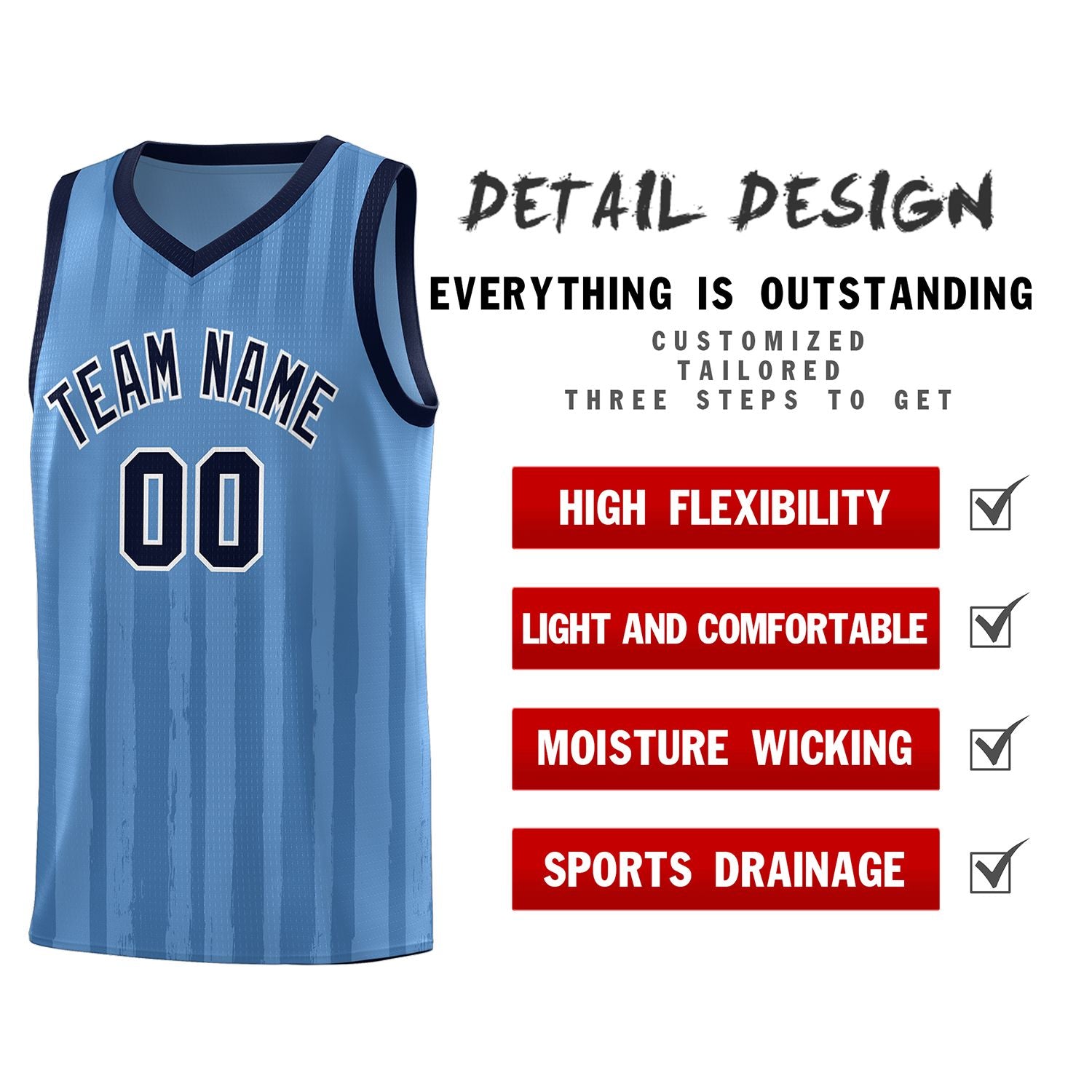 Custom Light Blue Navy Vertical Striped Pattern Sports Uniform Basketball Jersey