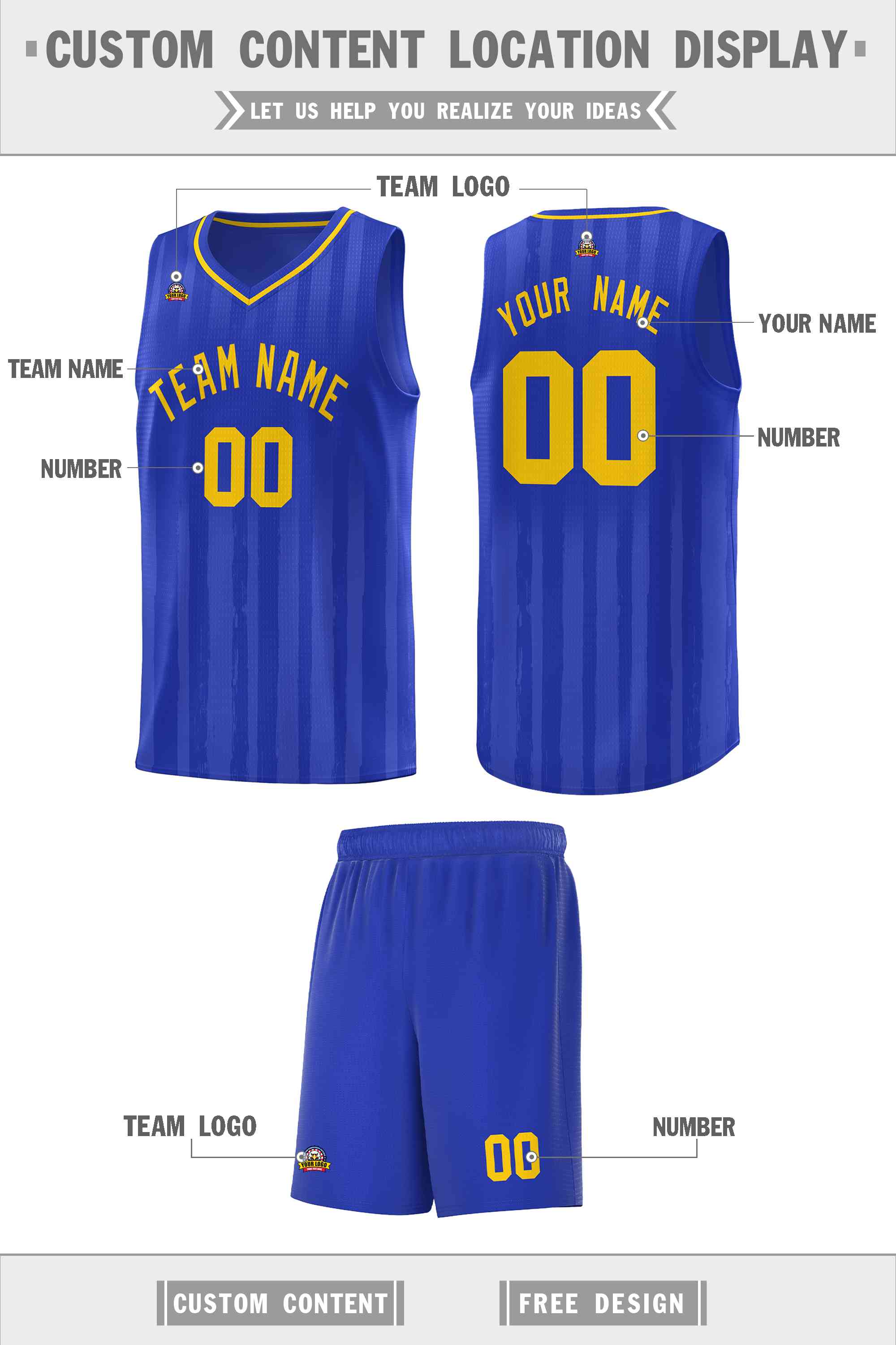 Custom Royal Gold Vertical Striped Pattern Sports Uniform Basketball Jersey