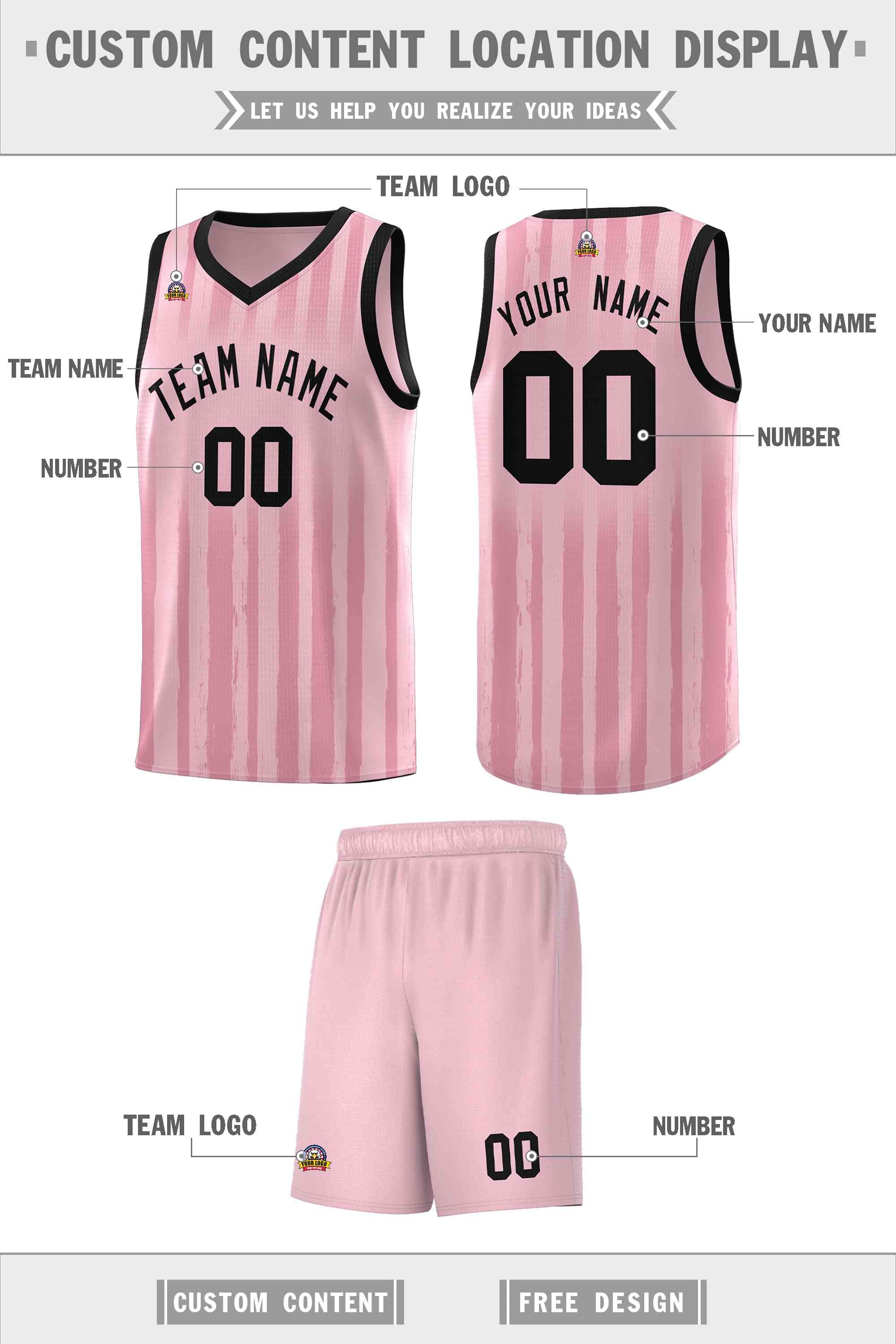 Custom Light Pink Black Vertical Striped Pattern Sports Uniform Basketball Jersey