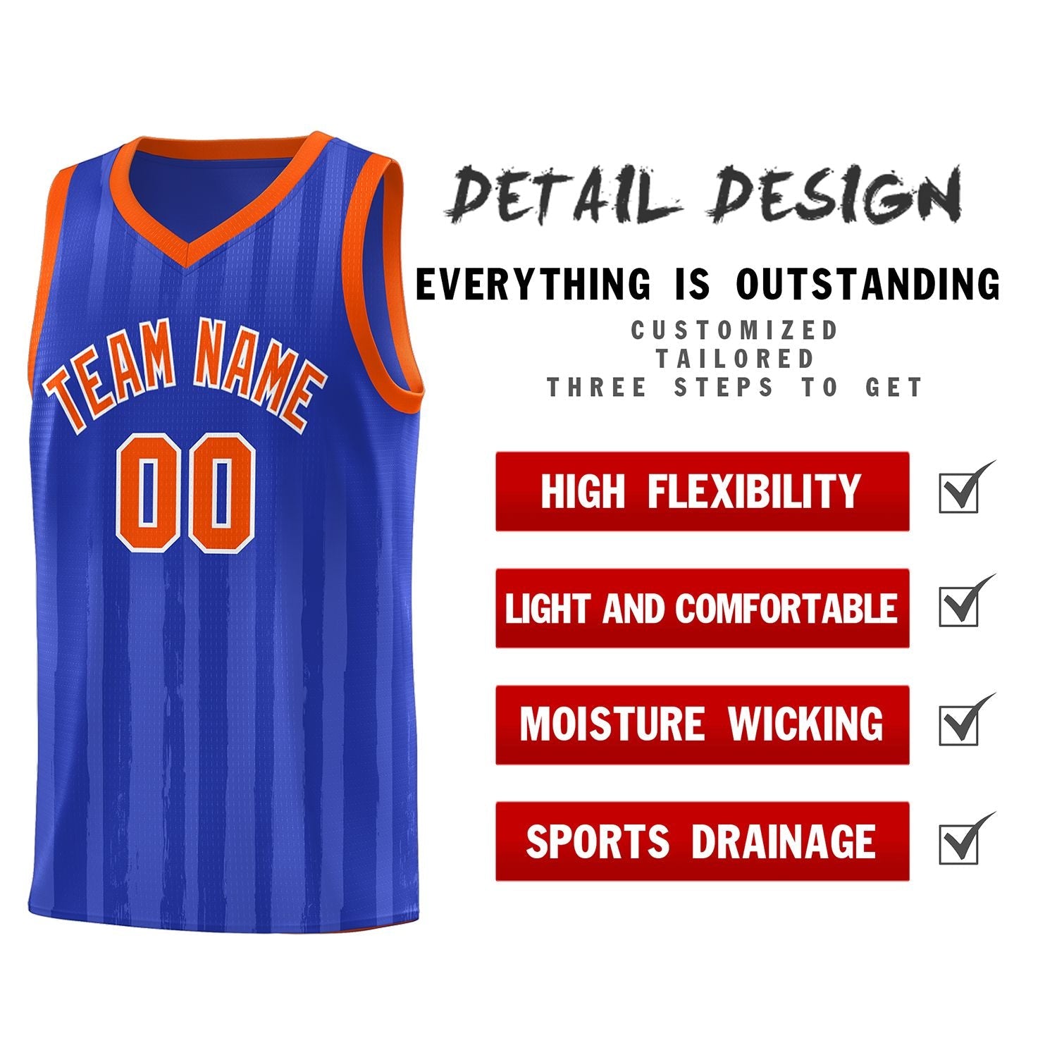 Custom Royal Orange Vertical Striped Pattern Sports Uniform Basketball Jersey