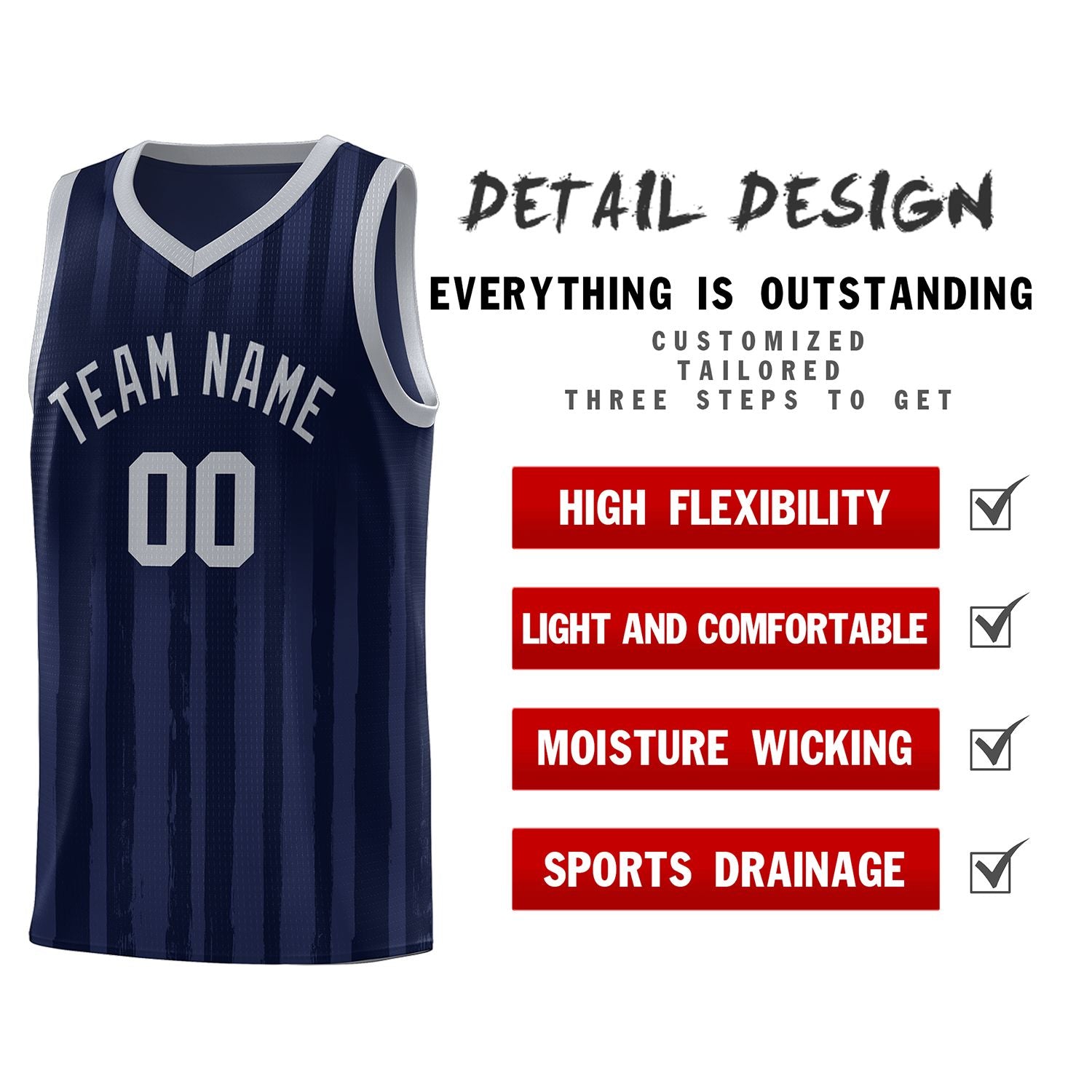 Custom Navy Gray Vertical Striped Pattern Sports Uniform Basketball Jersey