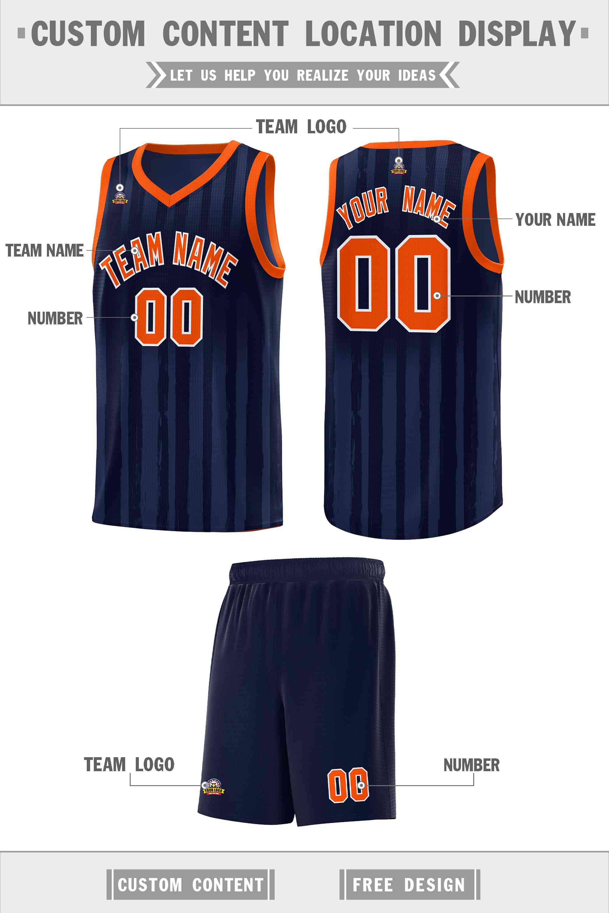 Custom Navy Orange Vertical Striped Pattern Sports Uniform Basketball Jersey