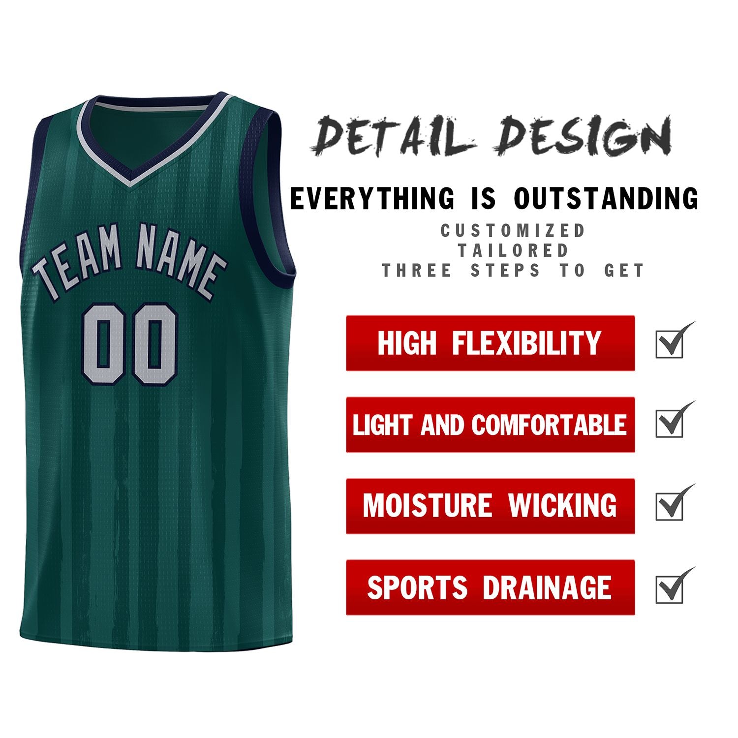 Custom Midnight Green Gray Vertical Striped Pattern Sports Uniform Basketball Jersey