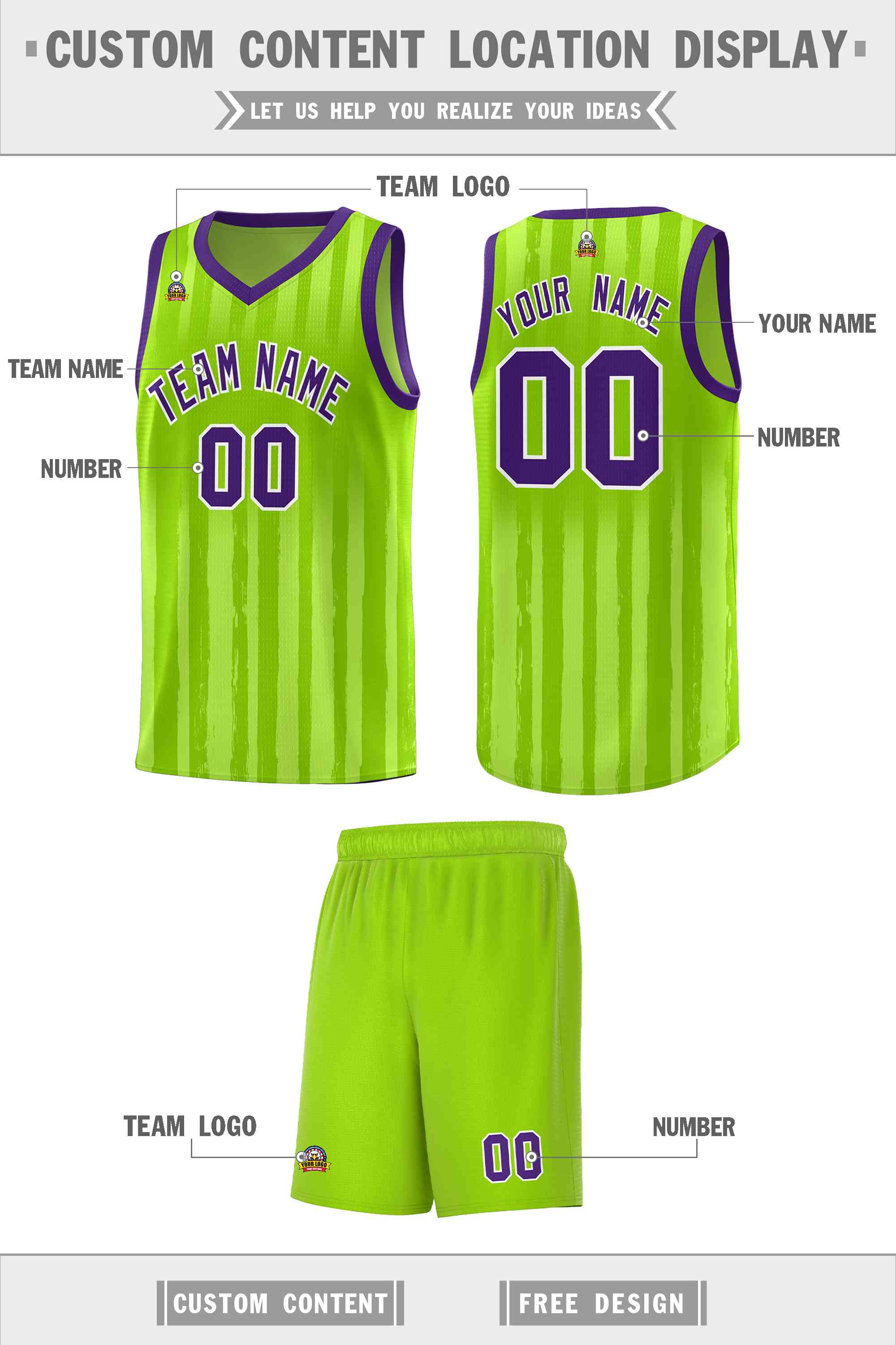 Custom Neon Green Purple Vertical Striped Pattern Sports Uniform Basketball Jersey