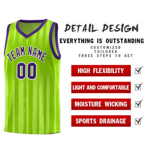 Custom Neon Green Purple Vertical Striped Pattern Sports Uniform Basketball Jersey