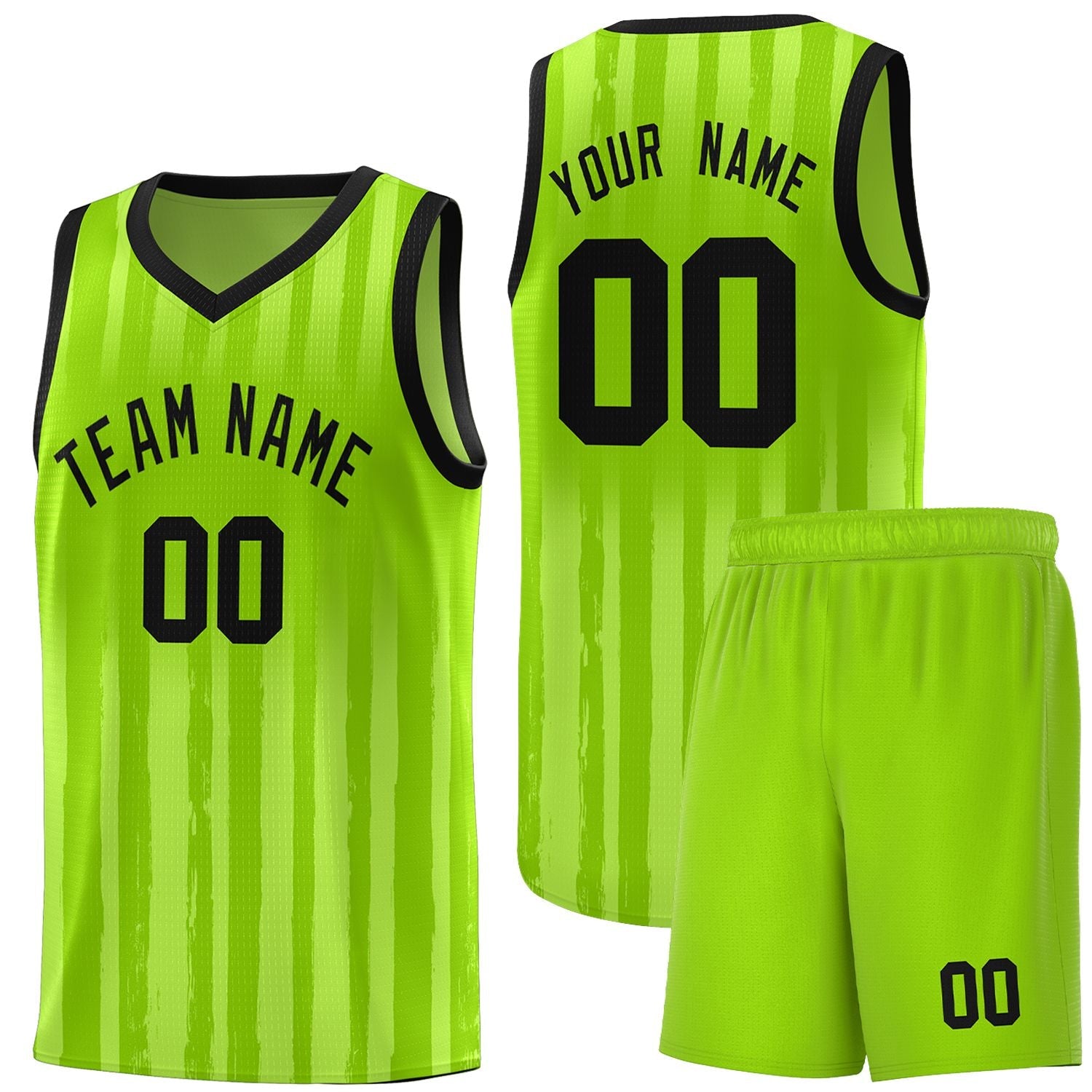 Custom Neon Green Black Vertical Striped Pattern Sports Uniform Basketball Jersey