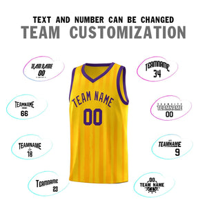 Custom Gold Purple Vertical Striped Pattern Sports Uniform Basketball Jersey