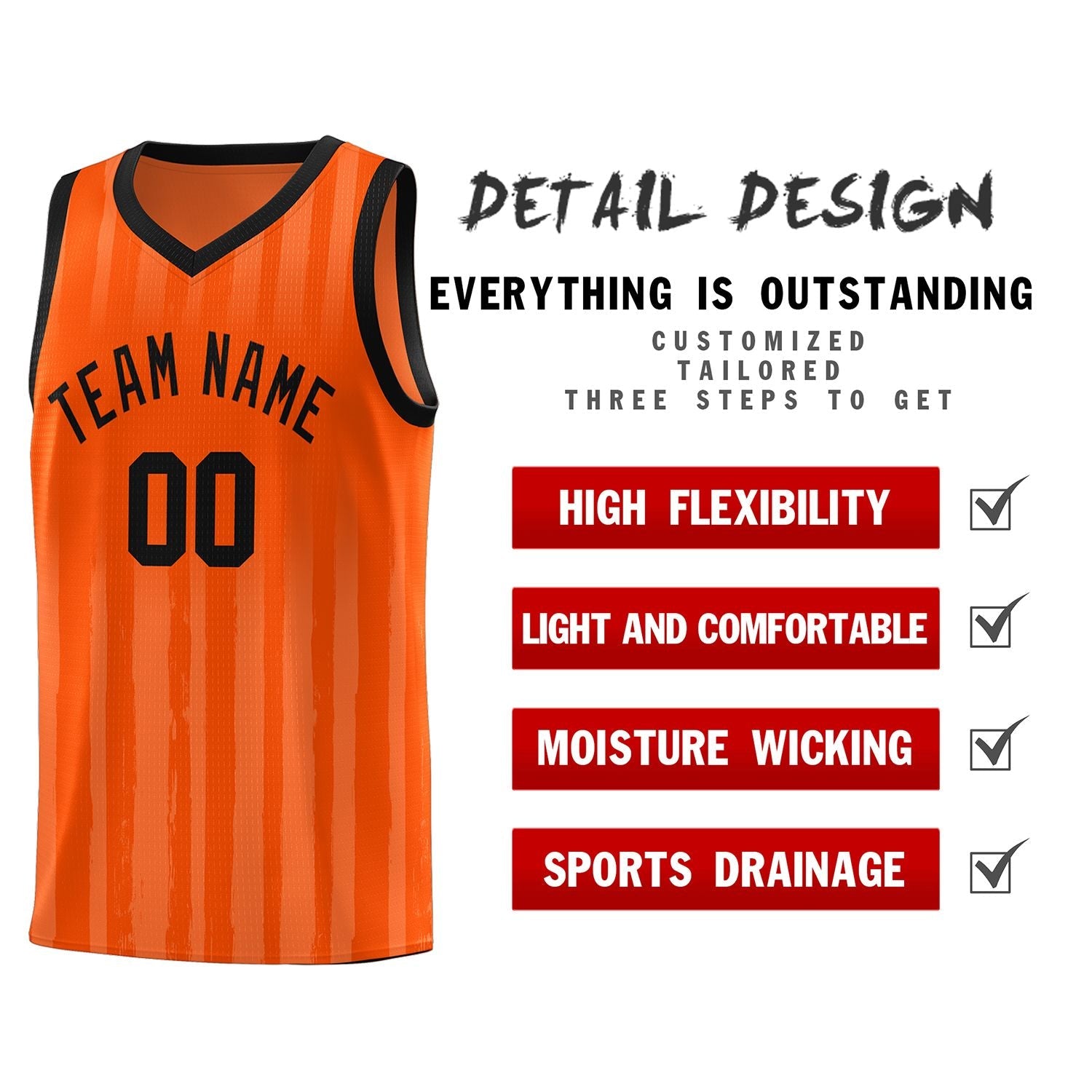 Custom Orange Black Vertical Striped Pattern Sports Uniform Basketball Jersey