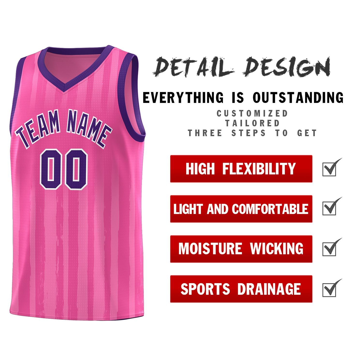 Custom Pink Purple Vertical Striped Pattern Sports Uniform Basketball Jersey